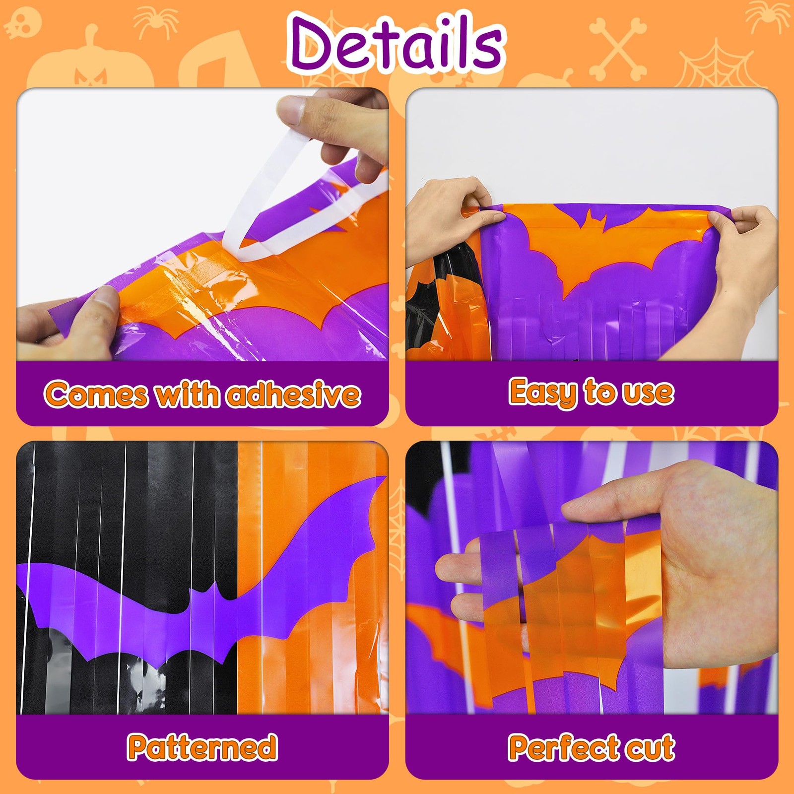 Halloween Decorations – 2 Pack Foil Fringe Curtains, Bat Pattern Backdrop