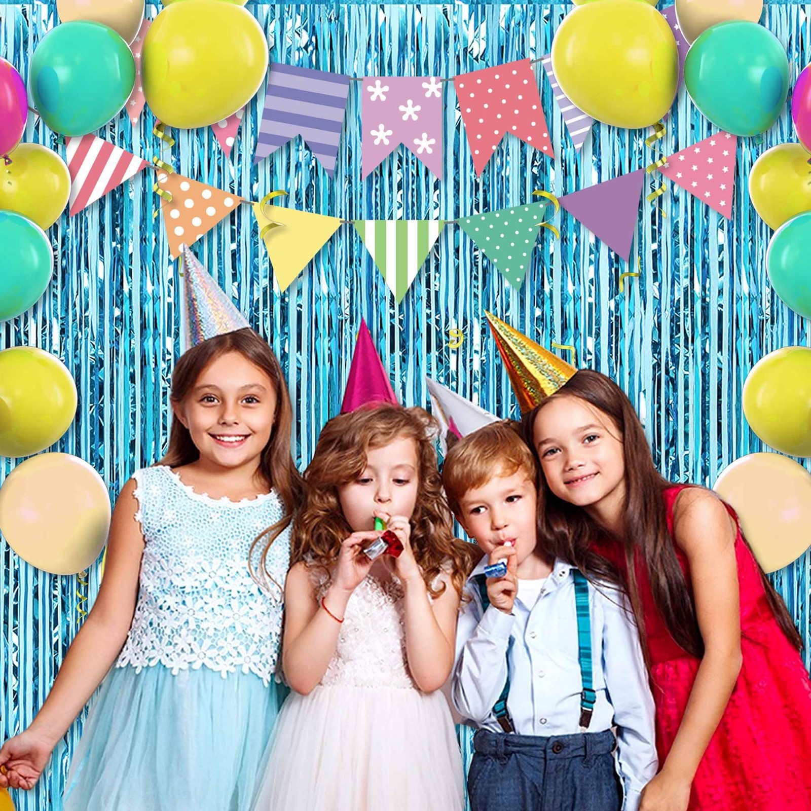 6 Pack Light Blue Foil Fringe Curtains 3.28×6.6 FT Photo Backdrop