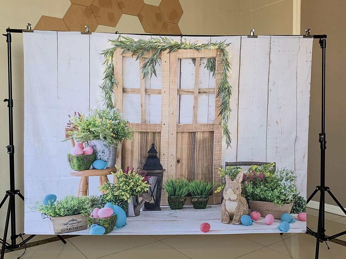 Spring Easter Photography Backdrop Wood Barn Eggs Flowers Background 7×5 Ft