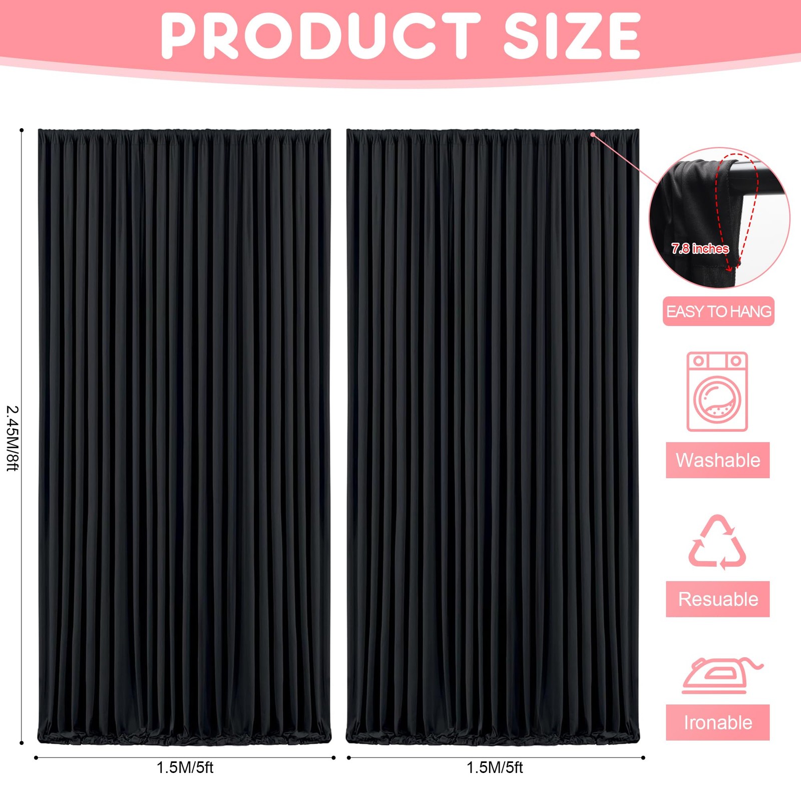 Black Polyester Backdrop Curtains 10x8FT Rod Pocket Party Photography 2 Panels