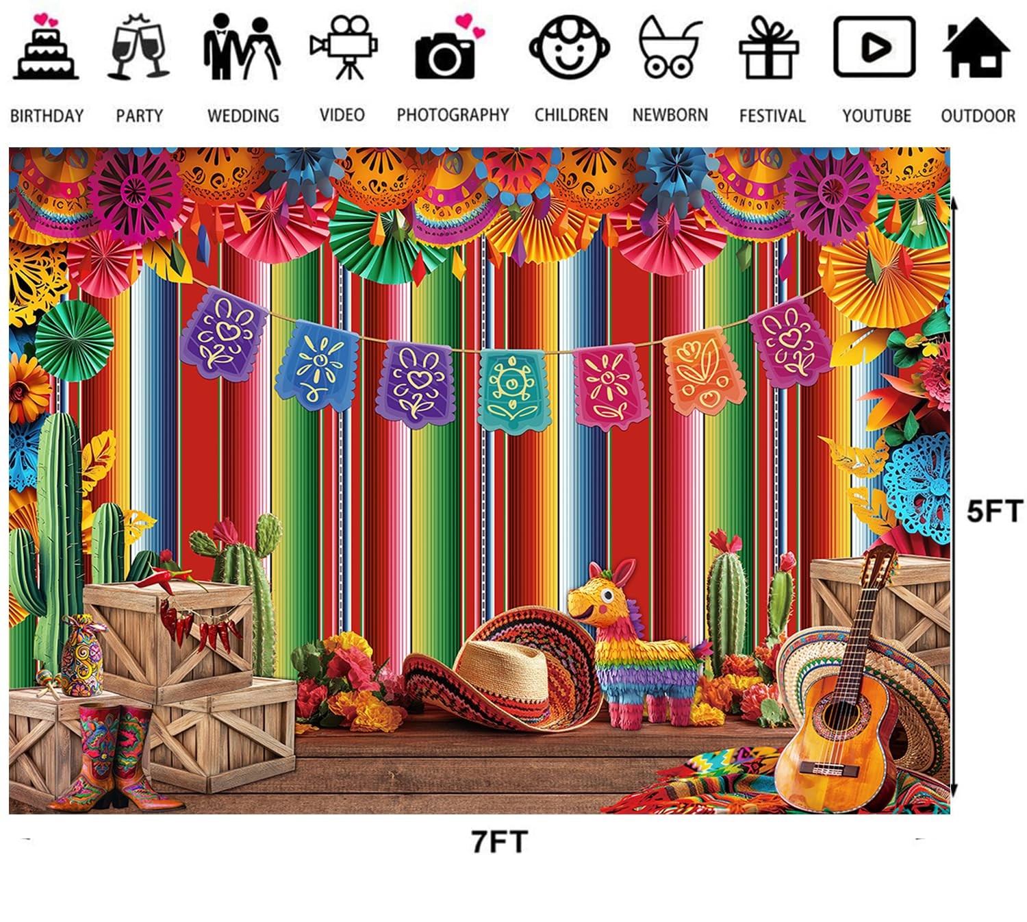 7x5ft Mexican Fiesta Backdrop Paper Flowers Photography Background 331