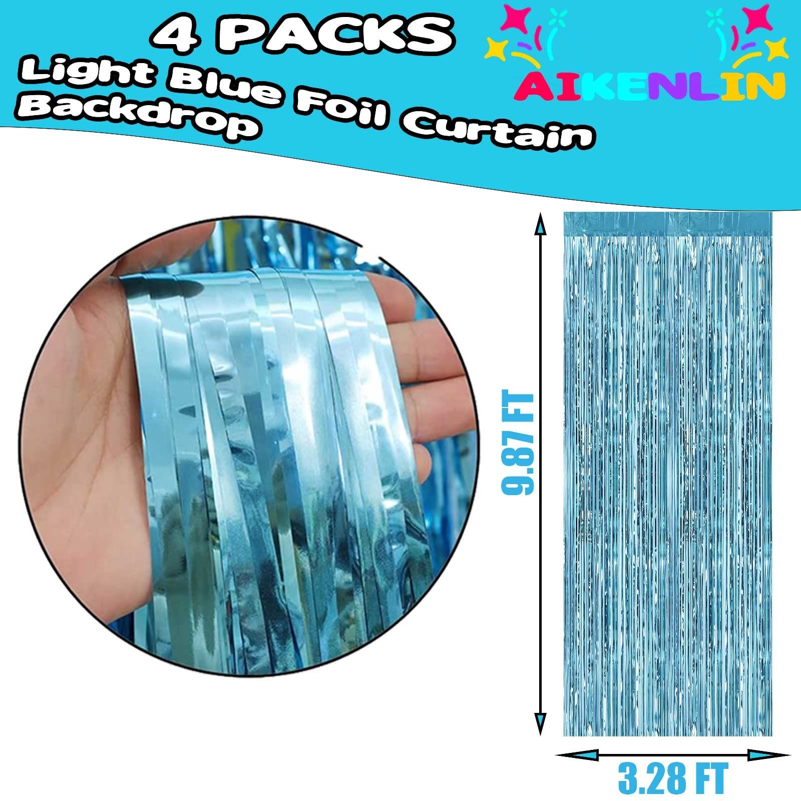 4 Pack Light Blue Foil Fringe Curtain Backdrop 3.2×9.8 Ft Metallic Tinsel