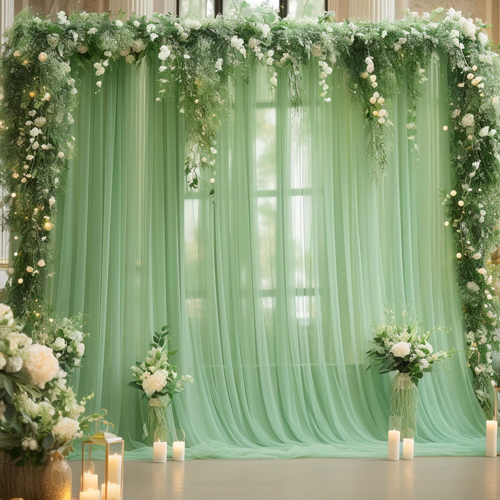 10×10 FT Green Tulle Backdrop Curtains Sheer Wedding Photo Background Drapes