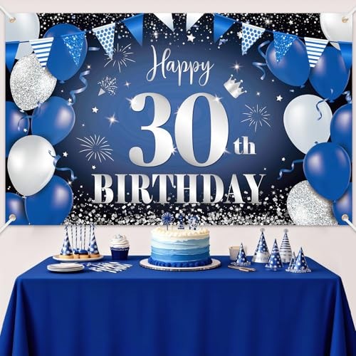 Happy 30th Birthday Banner for Him, Navy Blue Black Silver Blue Black 30th