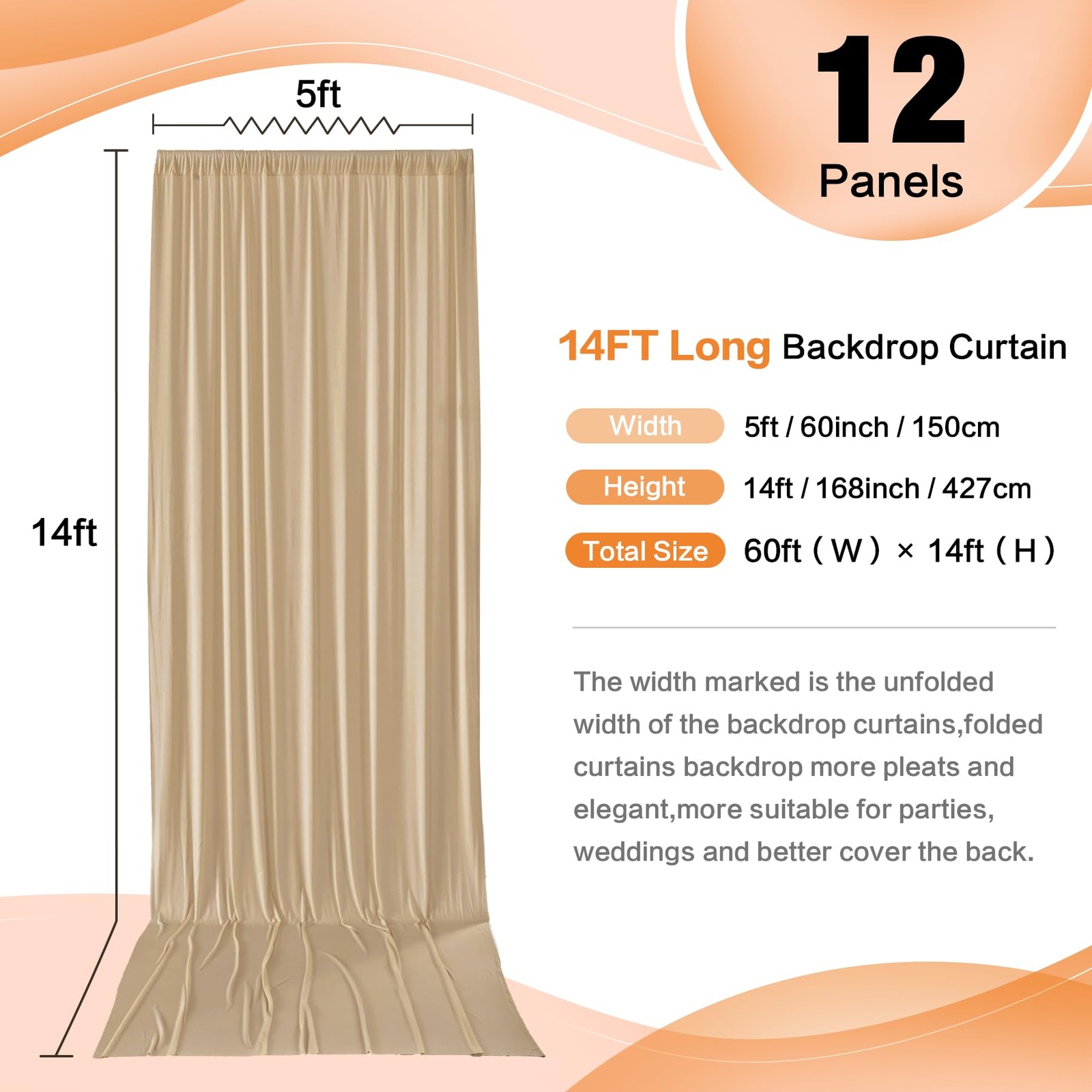 60ft×14ft Long Champagne Backdrop Curtain for 14ft Long_12 Panels,