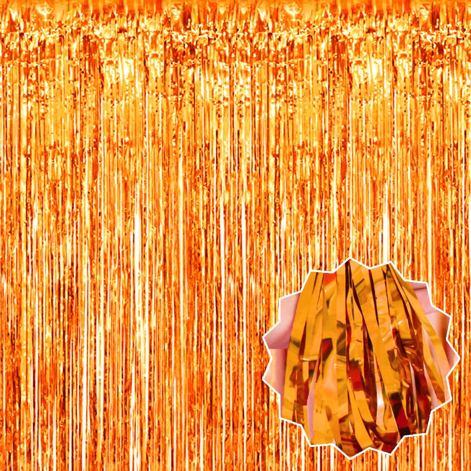 3 PCS Orange Foil Fringe Curtains Backdrop Metallic 3.28×8.2 Ft Party Decor