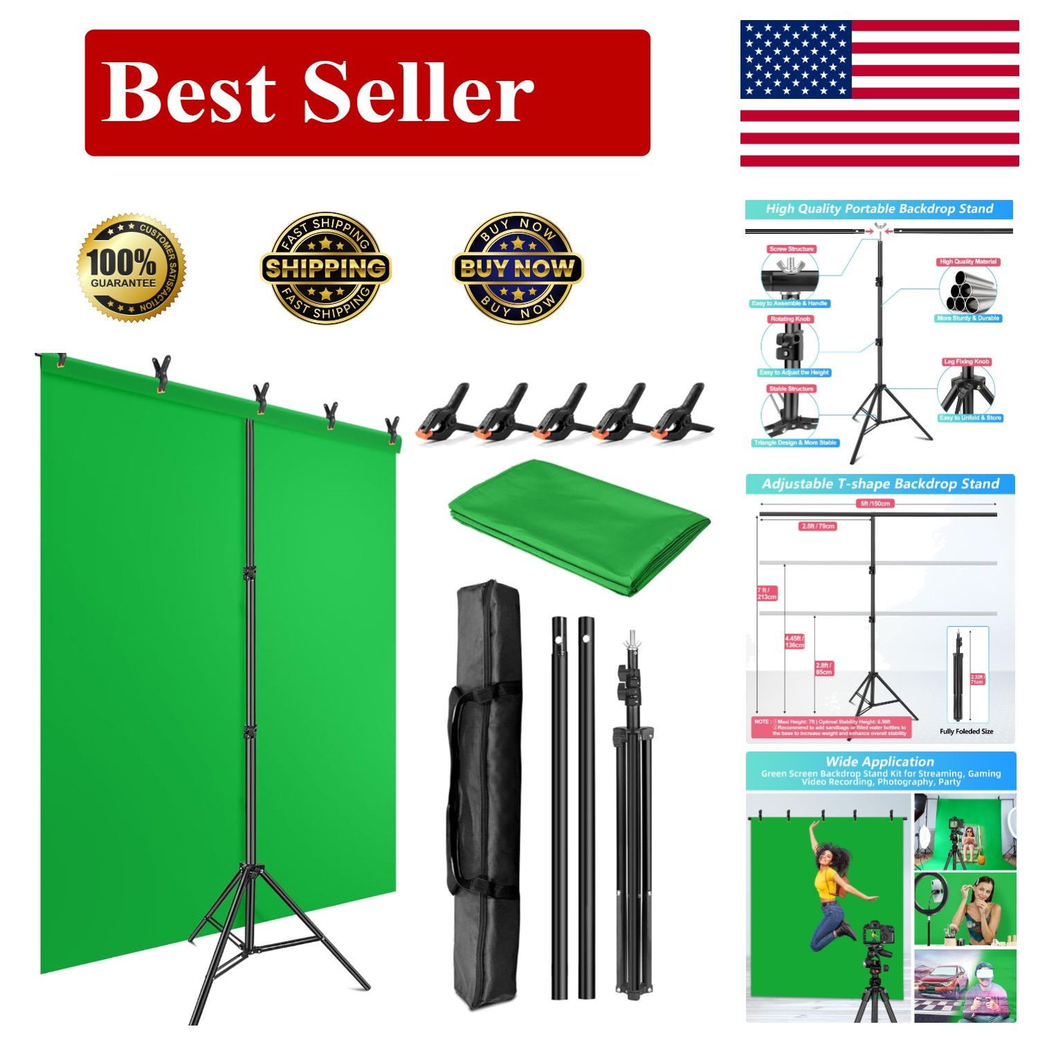 Deluxe 5×6.5ft Portable Green Screen Backdrop Kit for Streaming & Photography