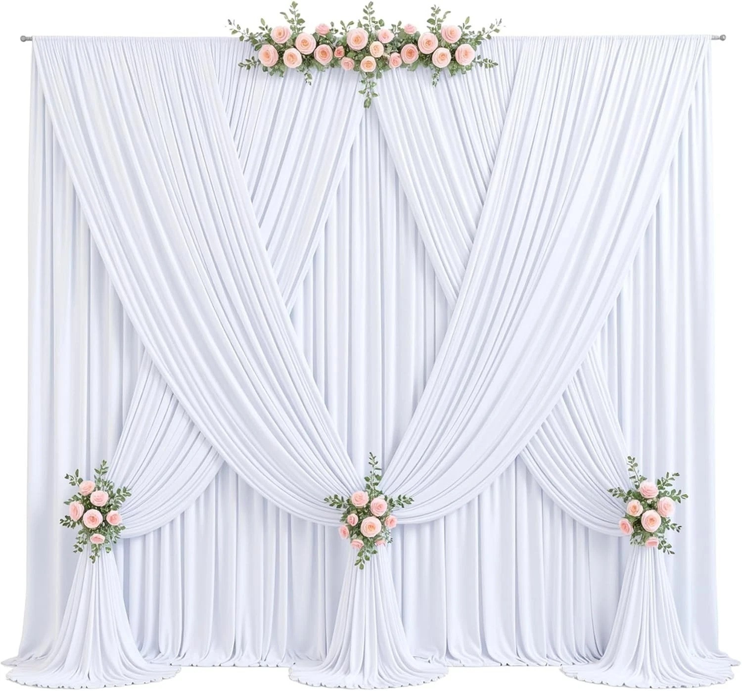 8-Pack White Wrinkle-Free Backdrop Curtains 40ft x 10ft for Parties & Events