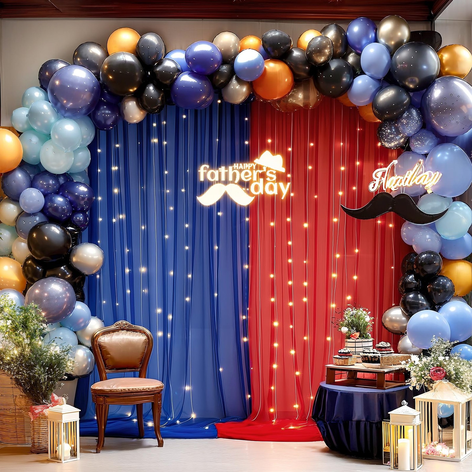 10x10ft Royal Blue Red Tulle Backdrop Curtain with Lights String for Parites,…