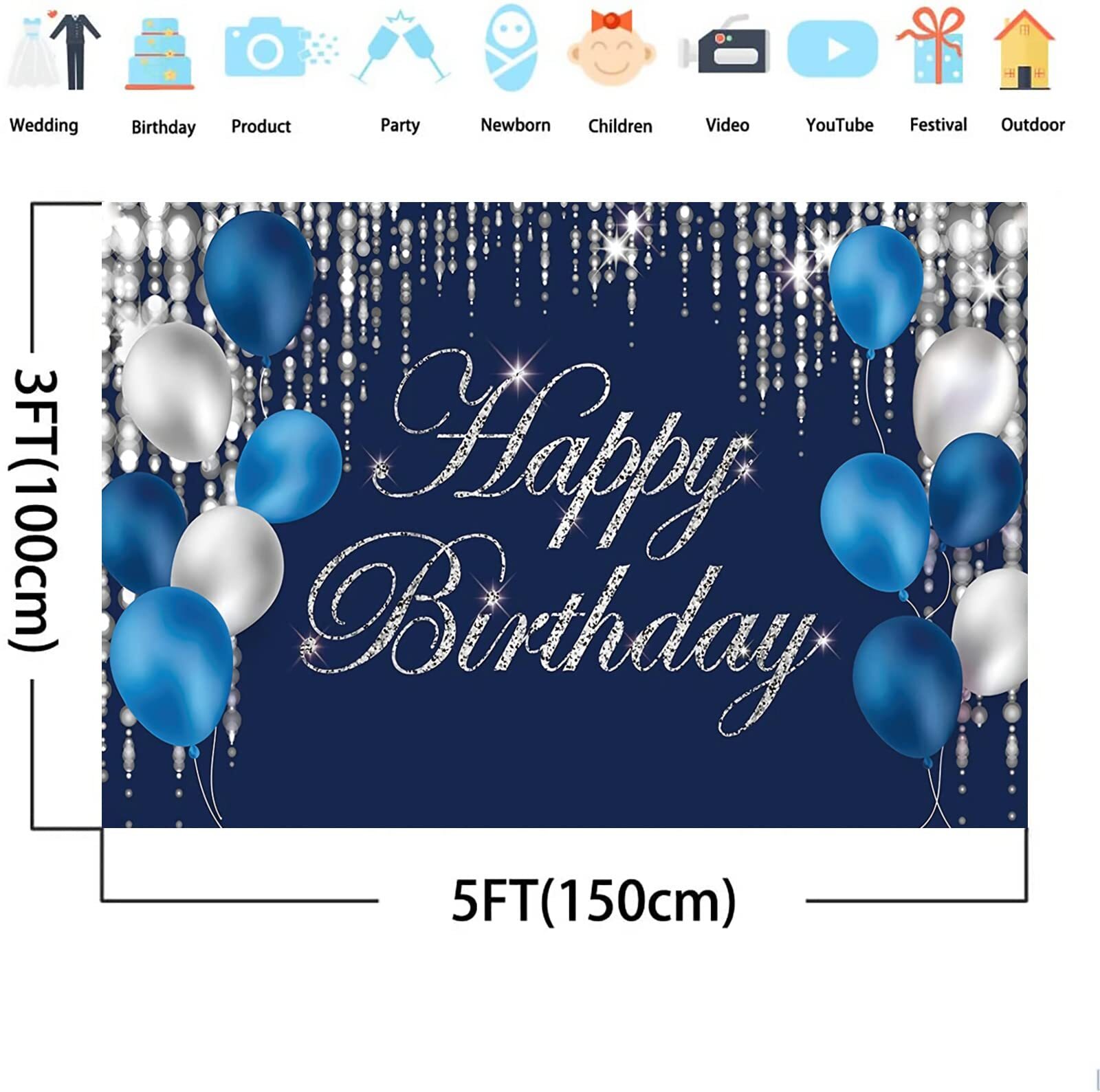 Blue and Silver Happy Birthday Backdrop Banner Sign Photo Background Party Decor