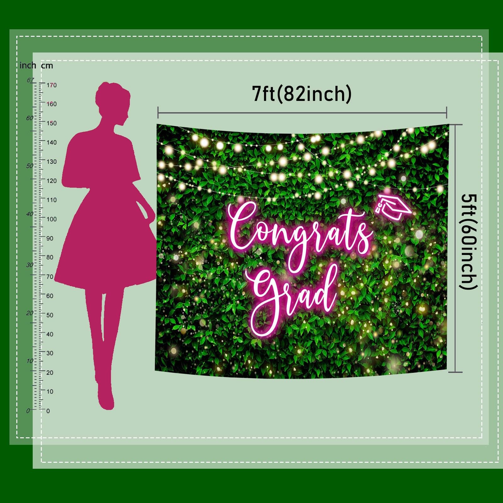 2025 Congrats Grad Backdrop Green Leaves Graduation Decoration Pink 7x5ft