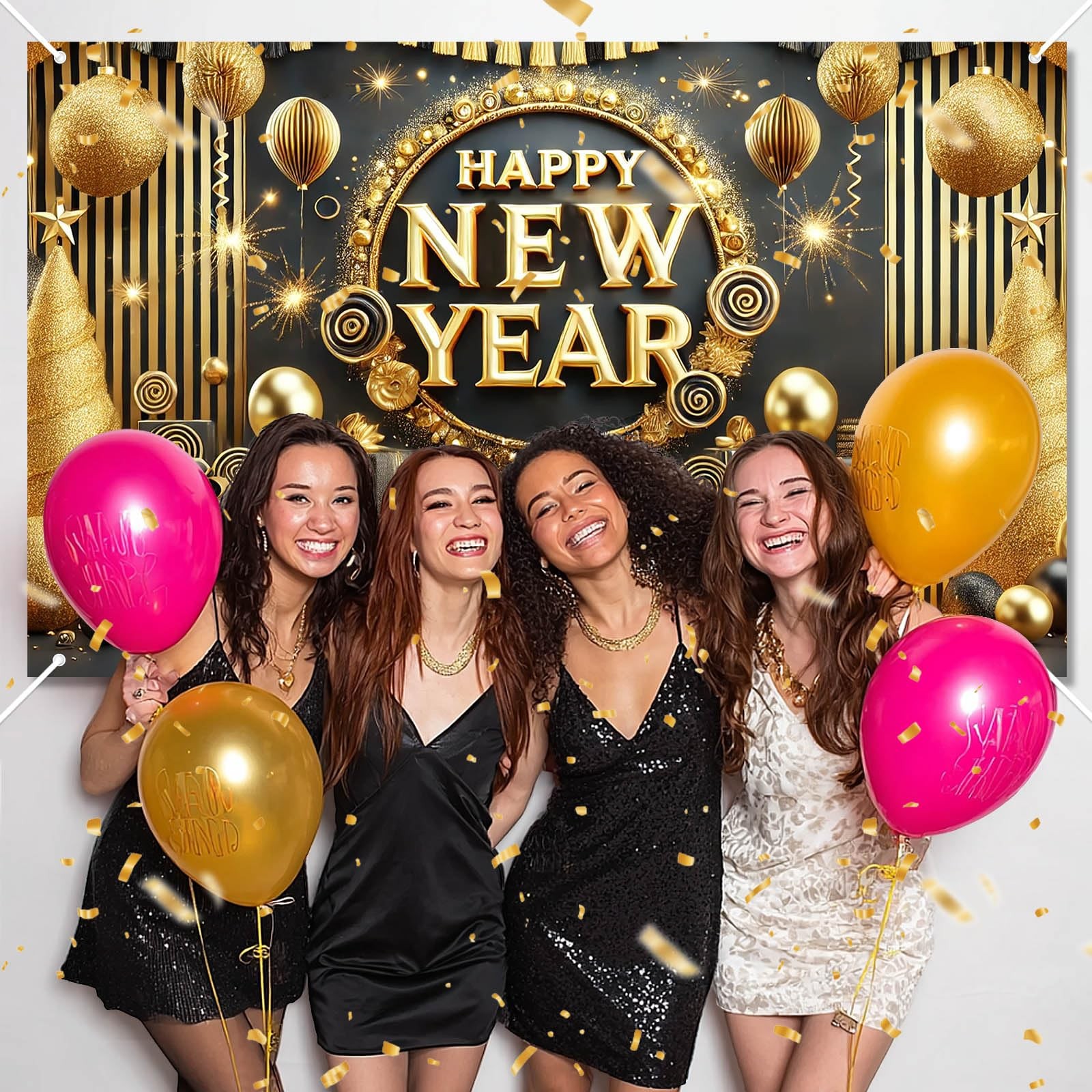 Black Gold Happy New Year Backdrop Luxury Fireworks Celebration Background