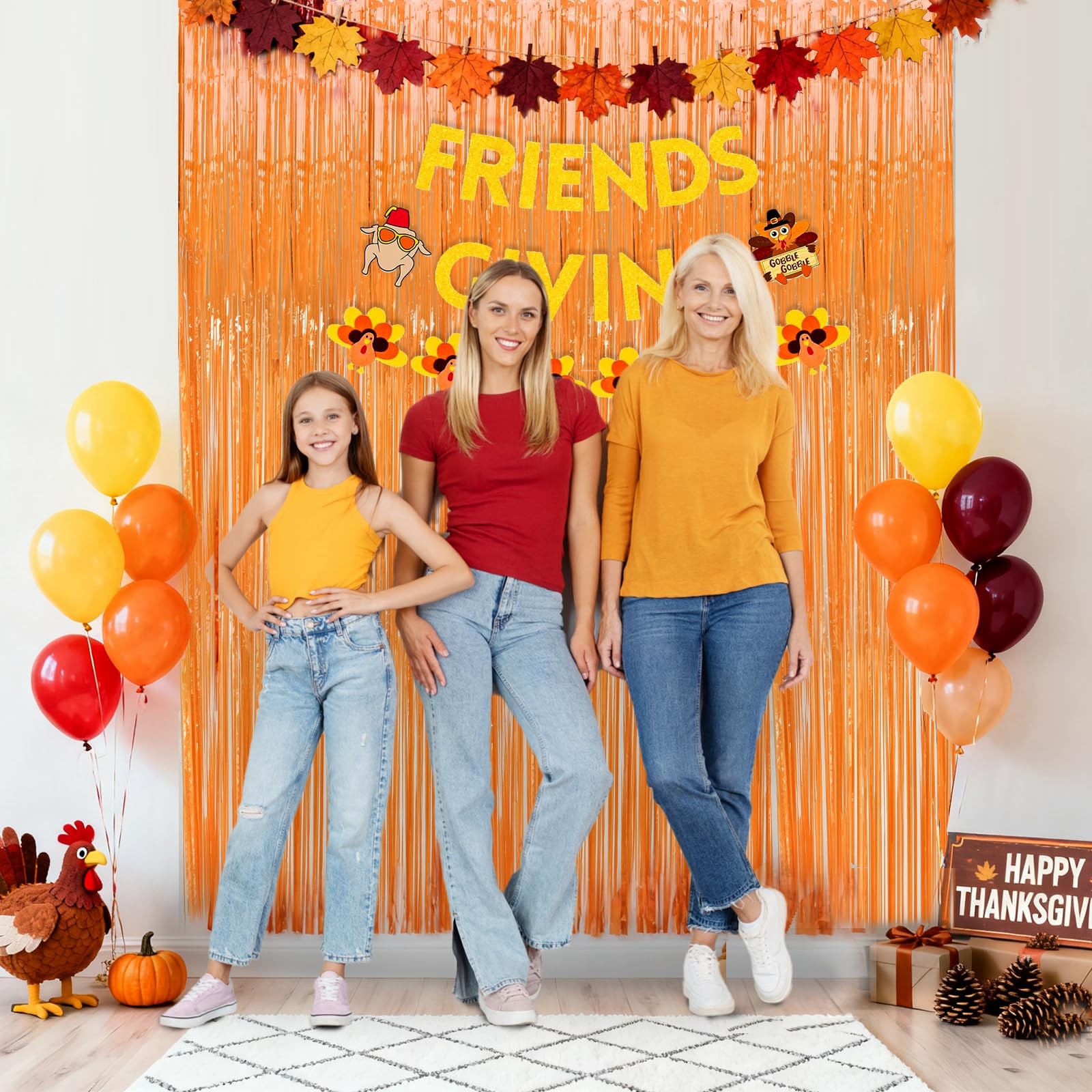 2 PCS Thanksgiving Orange Streamers Fringe Backdrop 3.3×8.2Ft Foil Curtains