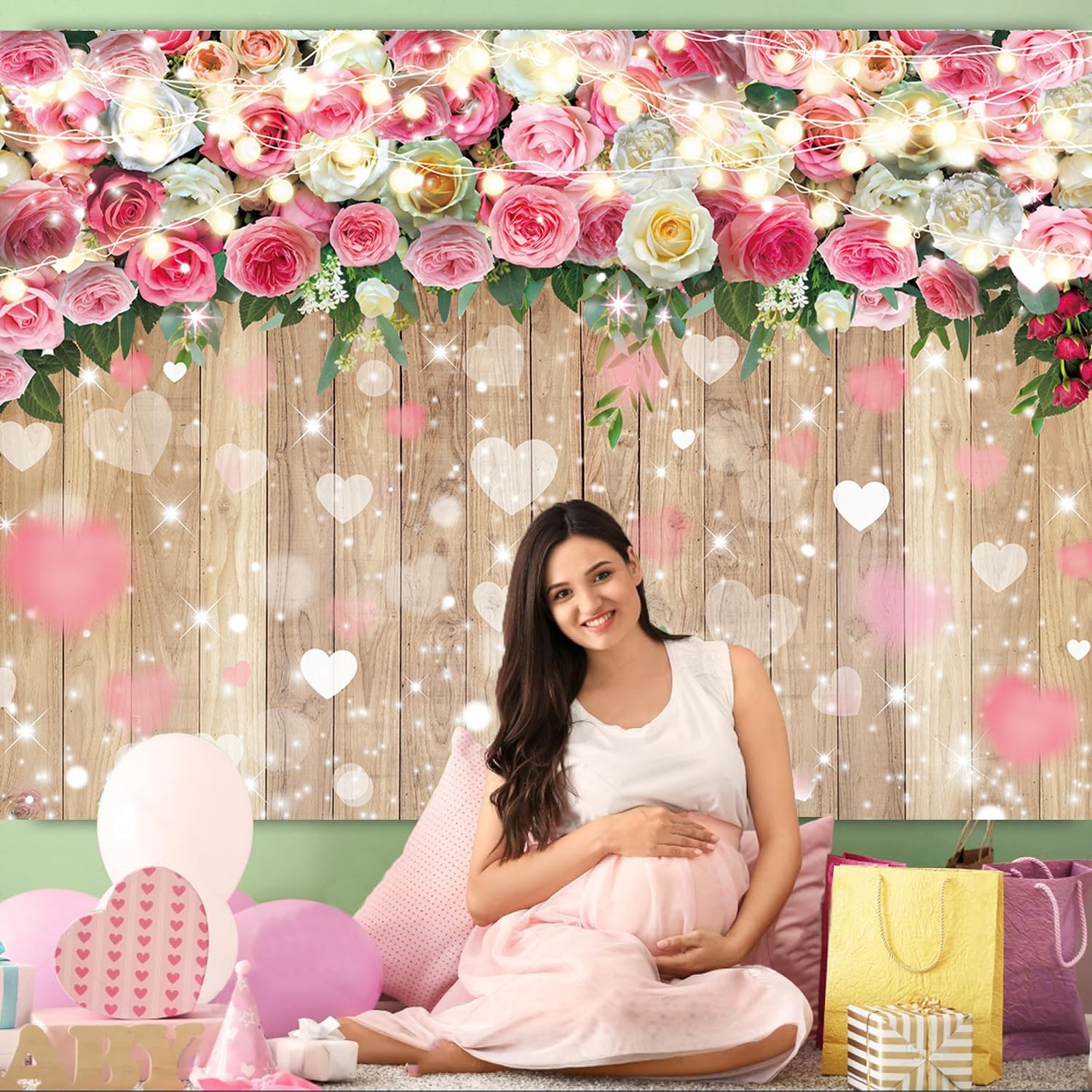 Romantic Pink Rose Flower Backdrop 7x5FT Floral Hearts Wooden Wall Background fo