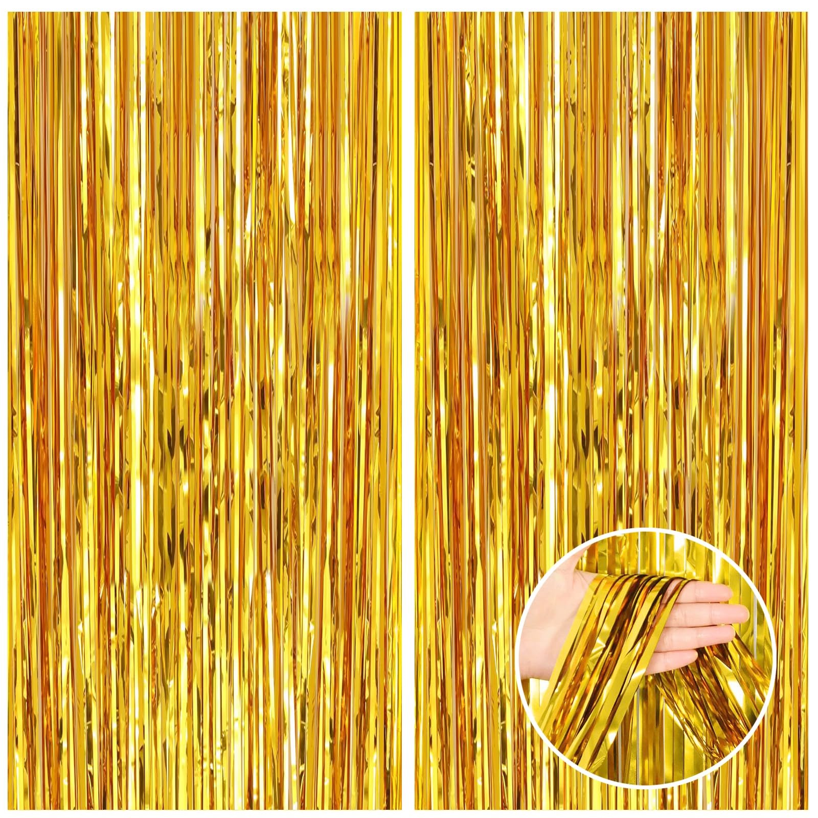 Gold Foil Fringe Backdrop Curtains 3.3×8.2 Feet Metallic Tinsel Streamer 2 PCS