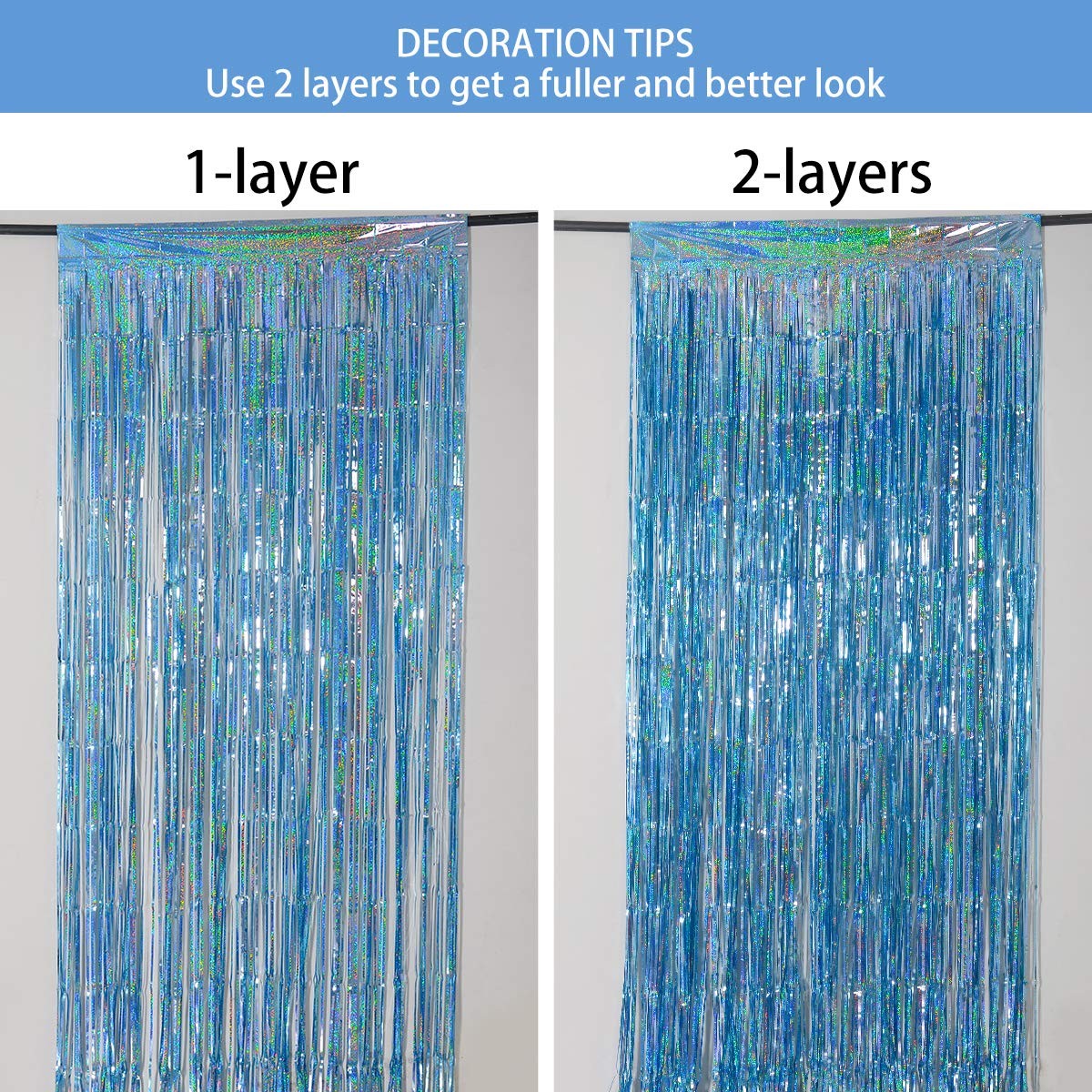 3 Pack 3.2 x 8.2 Ft Foil Fringe Curtain Light Blue Easter Decorations Backdrop