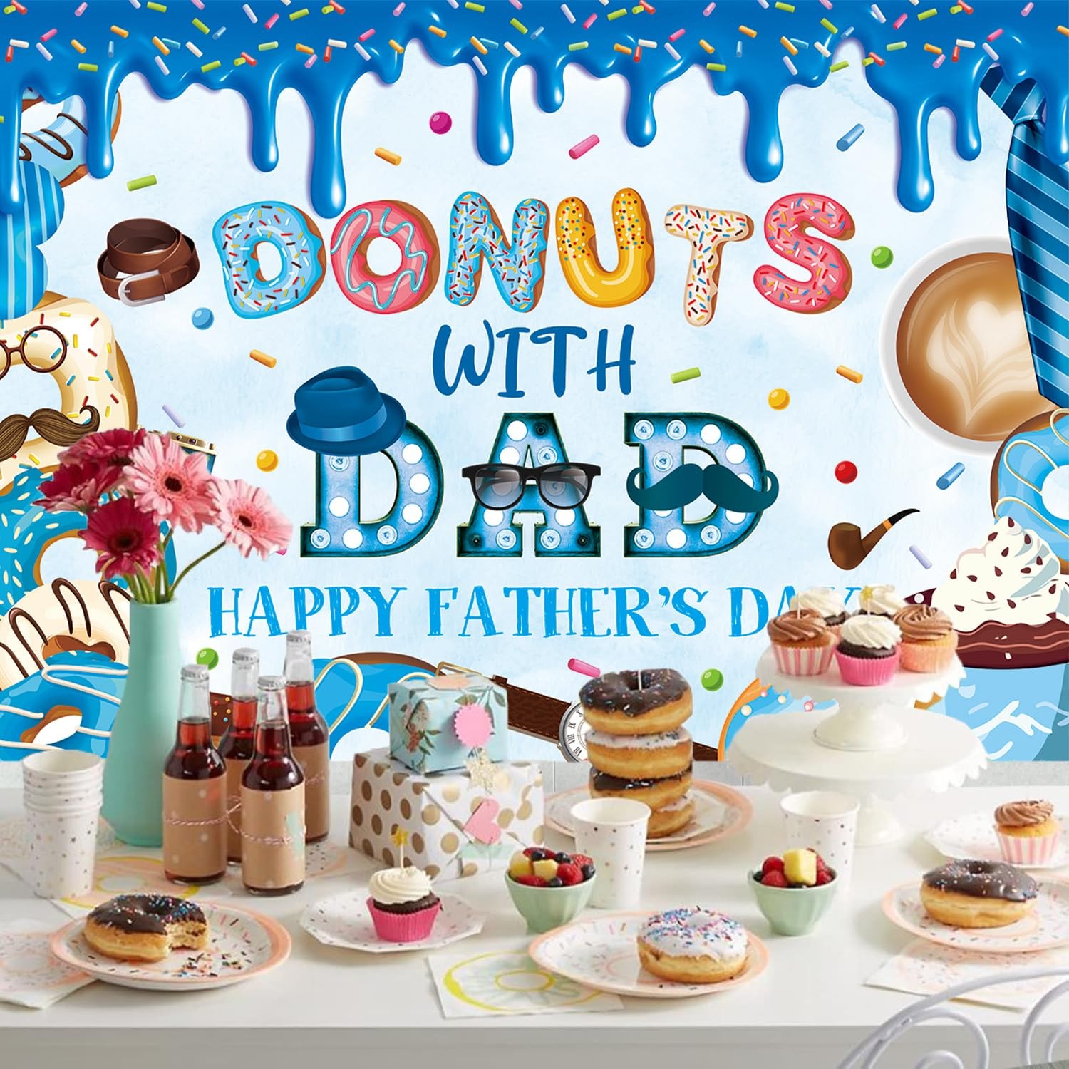 Happy Father’s Day Banner Backdrop 10x8FT Best Dad Ever Donuts with
