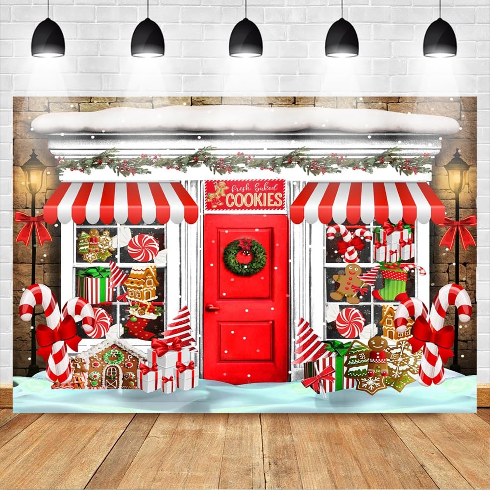 10×8 FT Christmas Candy Store Backdrop Gingerbread House Photography Decor