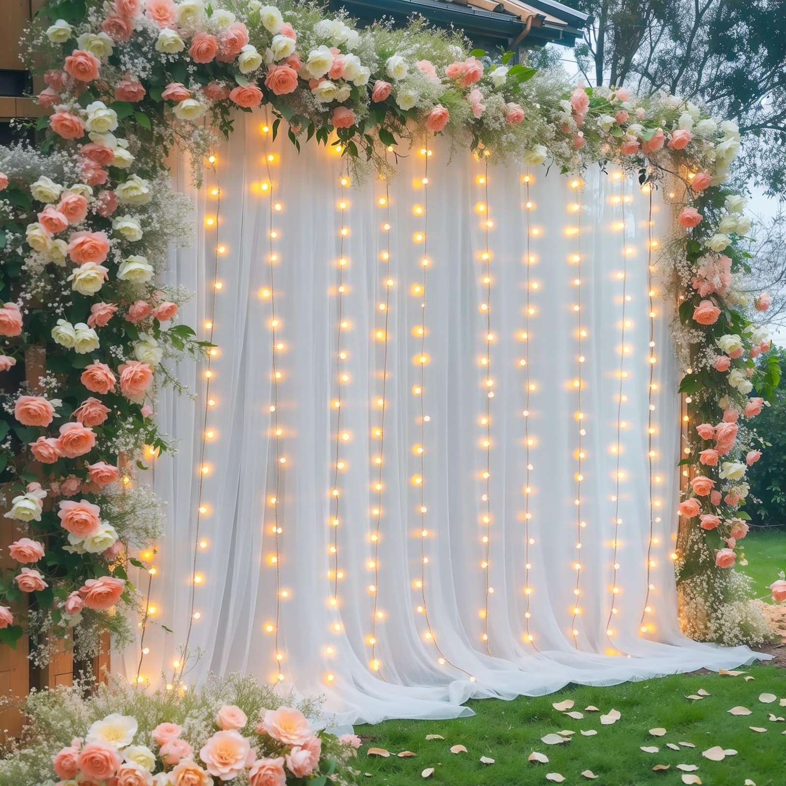 30×10ft White Tulle Backdrop Curtain with Lights String for Parties, Sheer Ph…