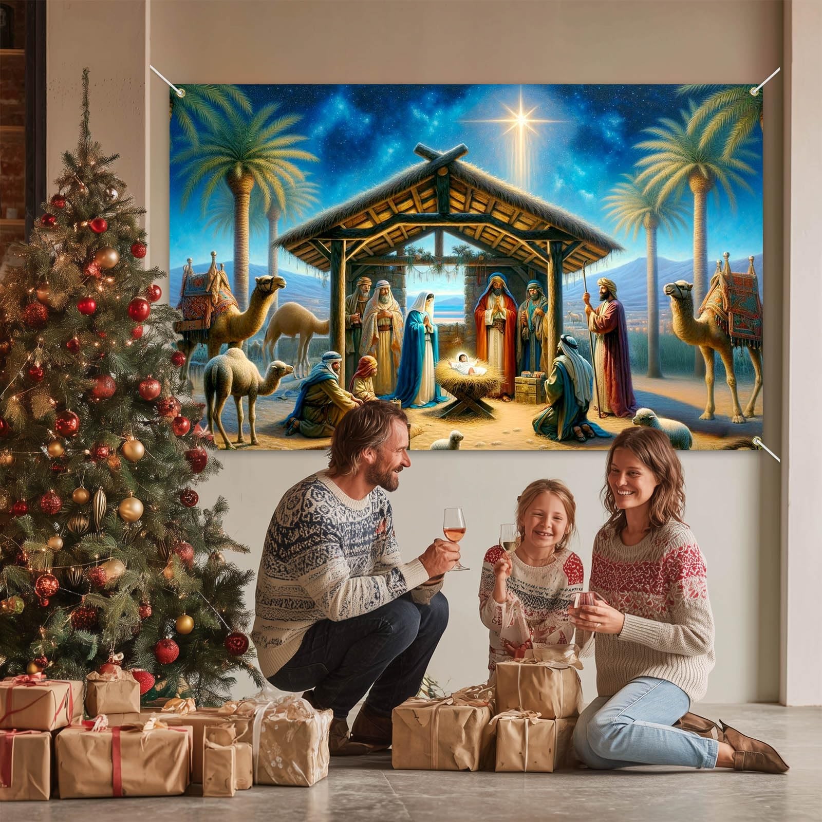 Nativity Scene Christmas Banner 71×43 Inch Holy Night Jesus Birth Backdrop wi…