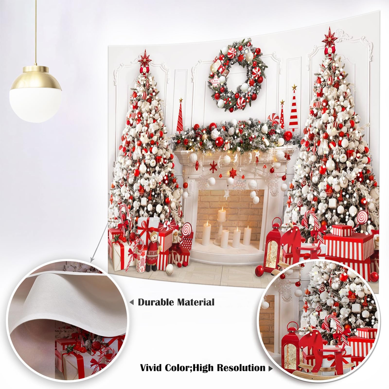Mocsicka Merry Christmas Fireplace Backdrop (Red, 7x5ft(82”x60”), Red