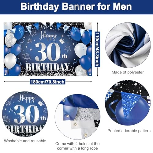 Happy 30th Birthday Banner for Him, Navy Blue Black Silver Blue Black 30th