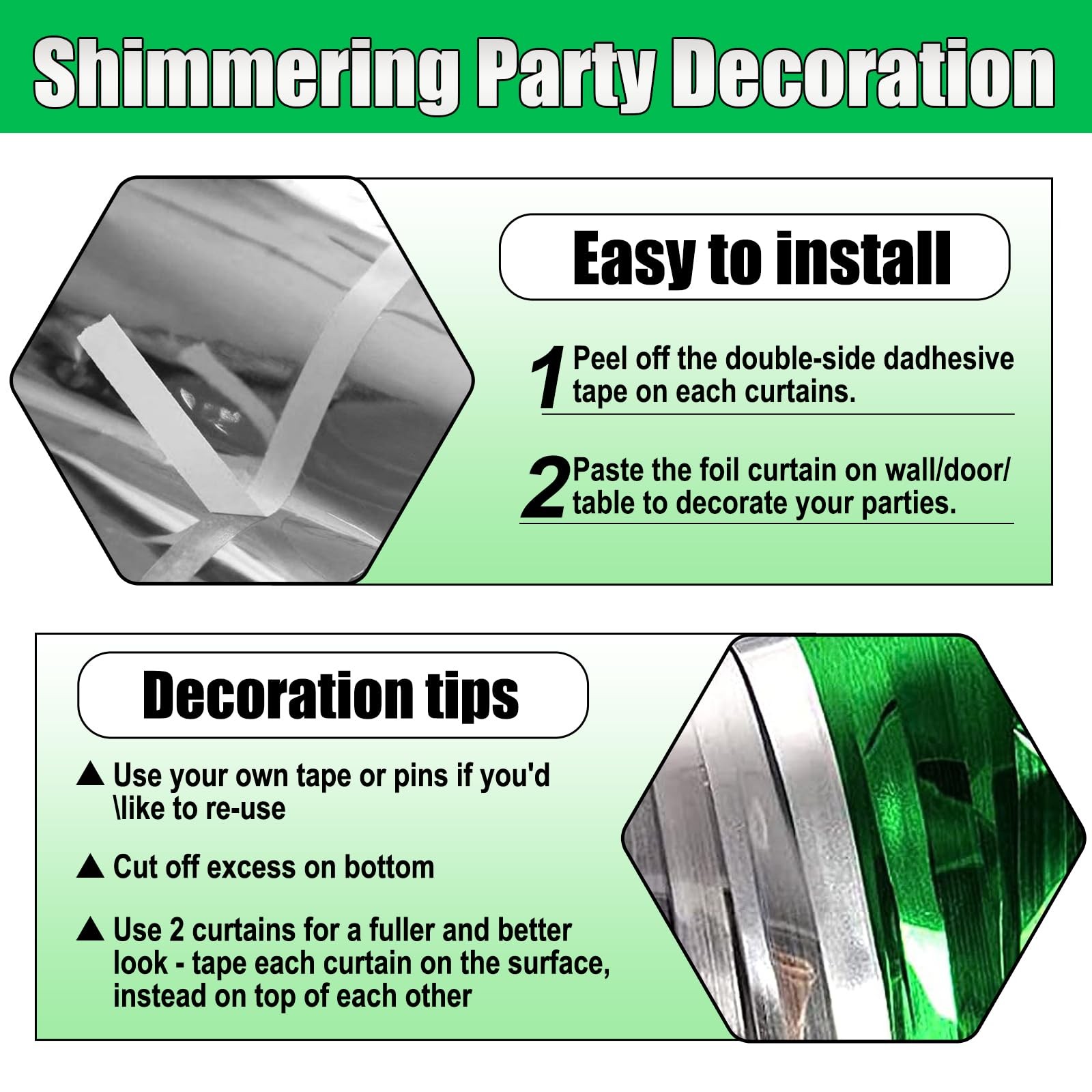Silver Green Metallic Tinsel Foil Fringe Streamer Curtain Backdrops 6 Pack