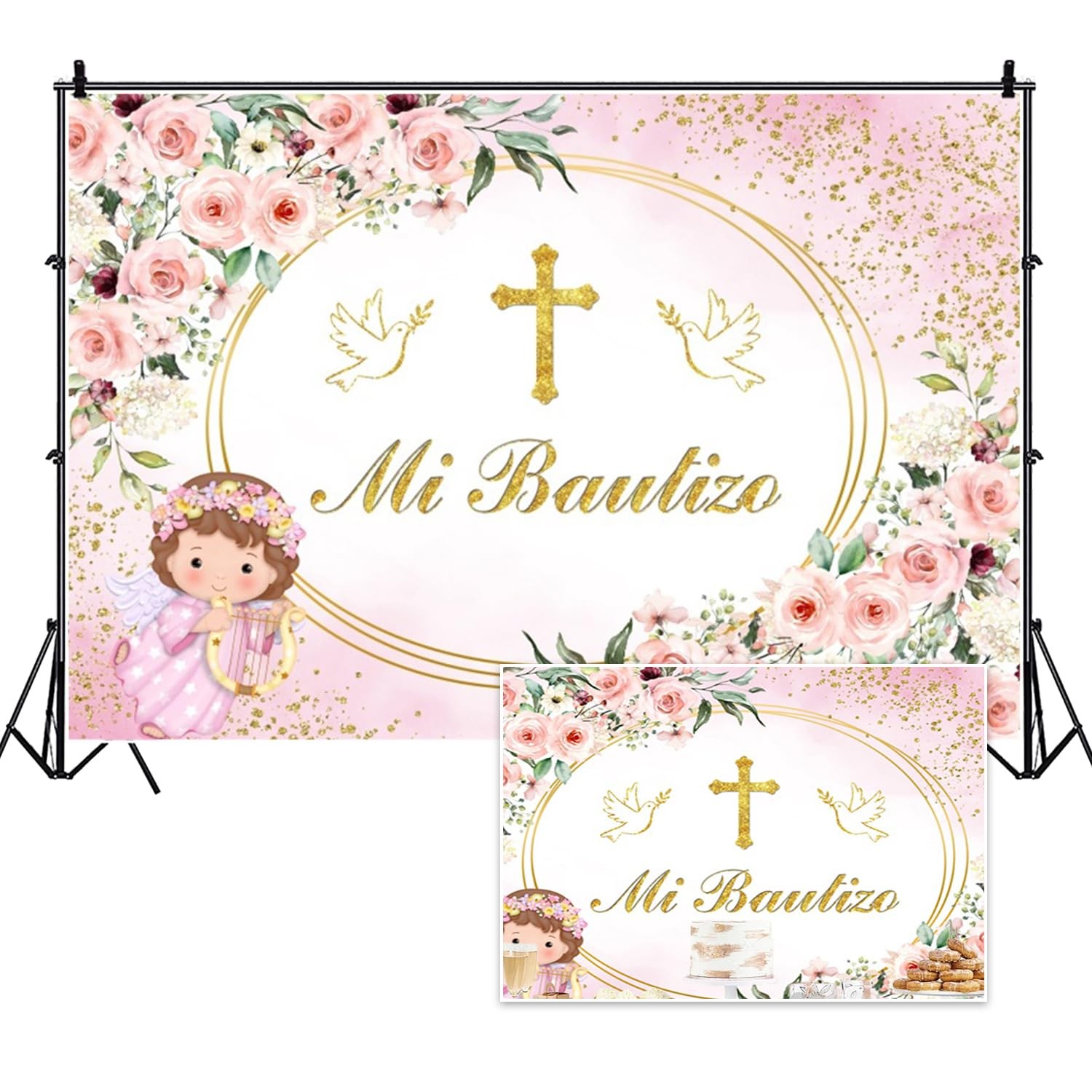 7x5ft Mi Bautizo Baptism Backdrop God Bless First Holy Communion Girls Gold C…