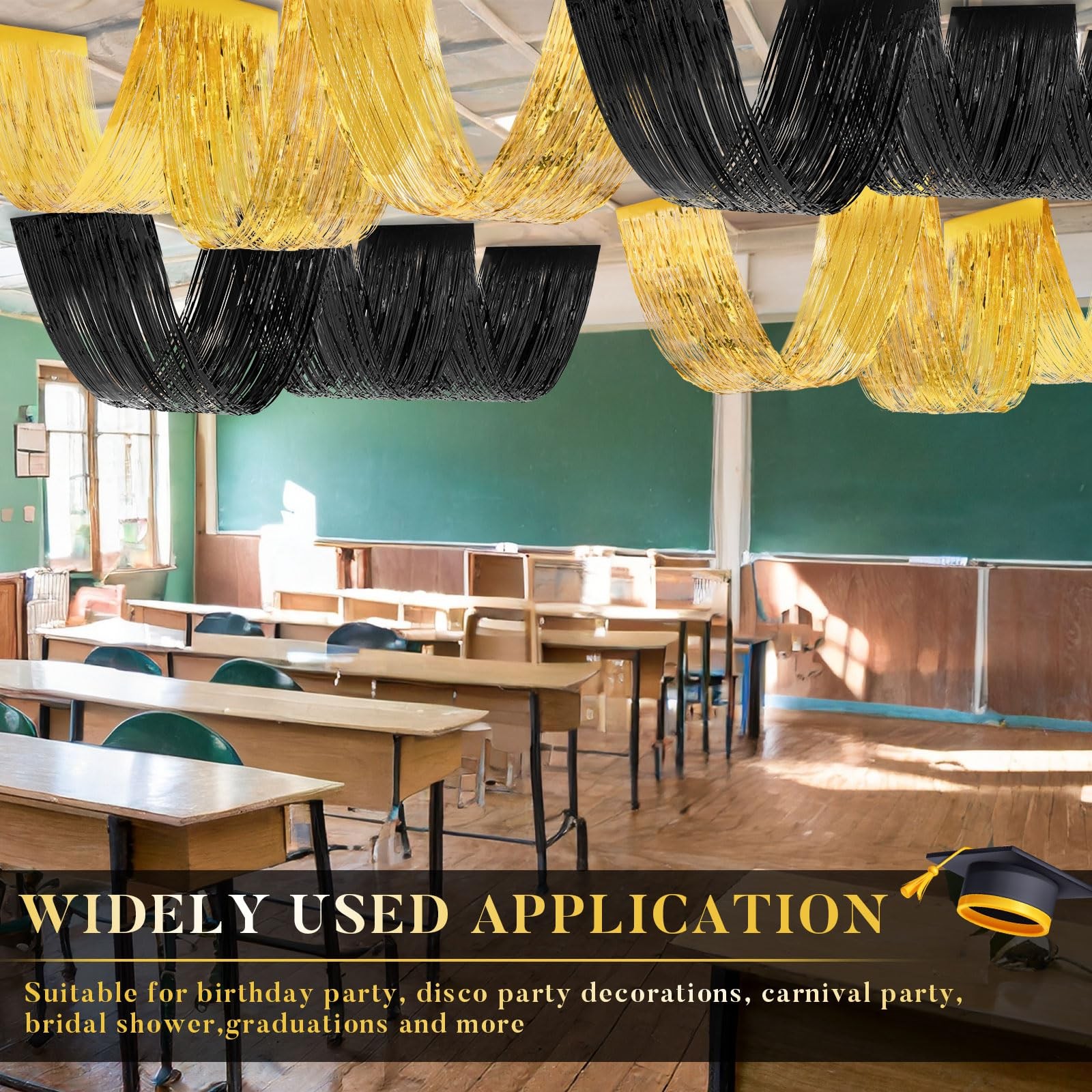 4 PCS 15 FT Gold Black Metallic Foil Ceiling Fringe Curtains Party Backdrop