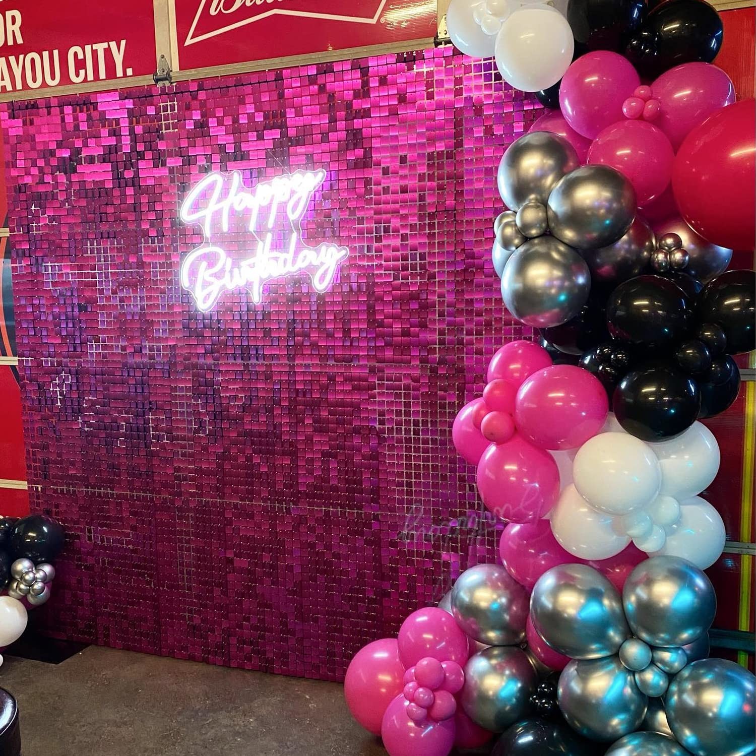 Hot Pink Shimmer Wall Backdrop, 24PCS Square Sequin Shimmer Backdrop Panel, P…
