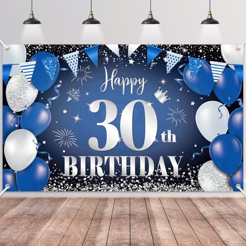 Happy 30th Birthday Banner for Him, Navy Blue Black Silver Blue Black 30th