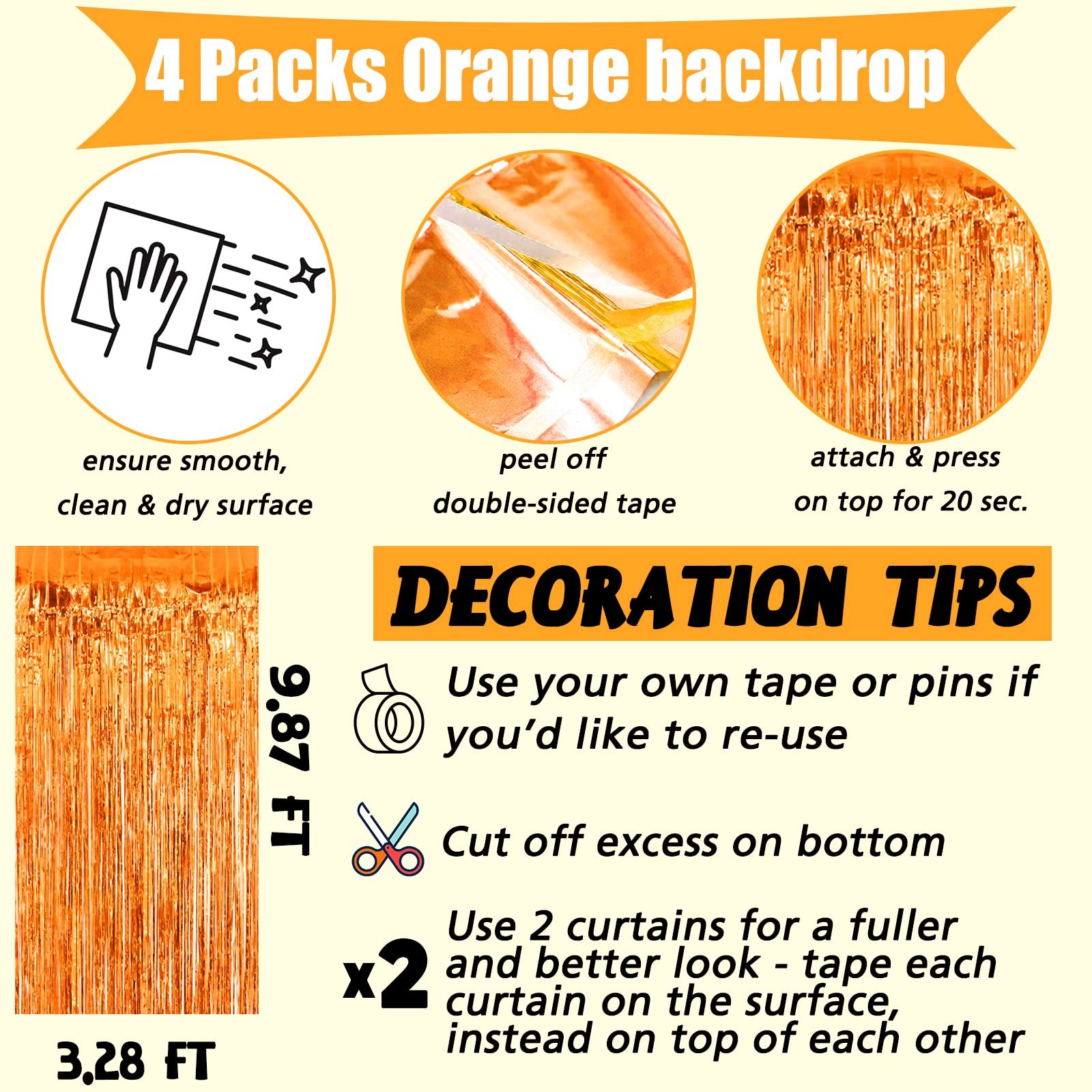 4 Pack 3.2×9.8 ft Orange Foil Fringe Curtain Backdrop for Party Decorations