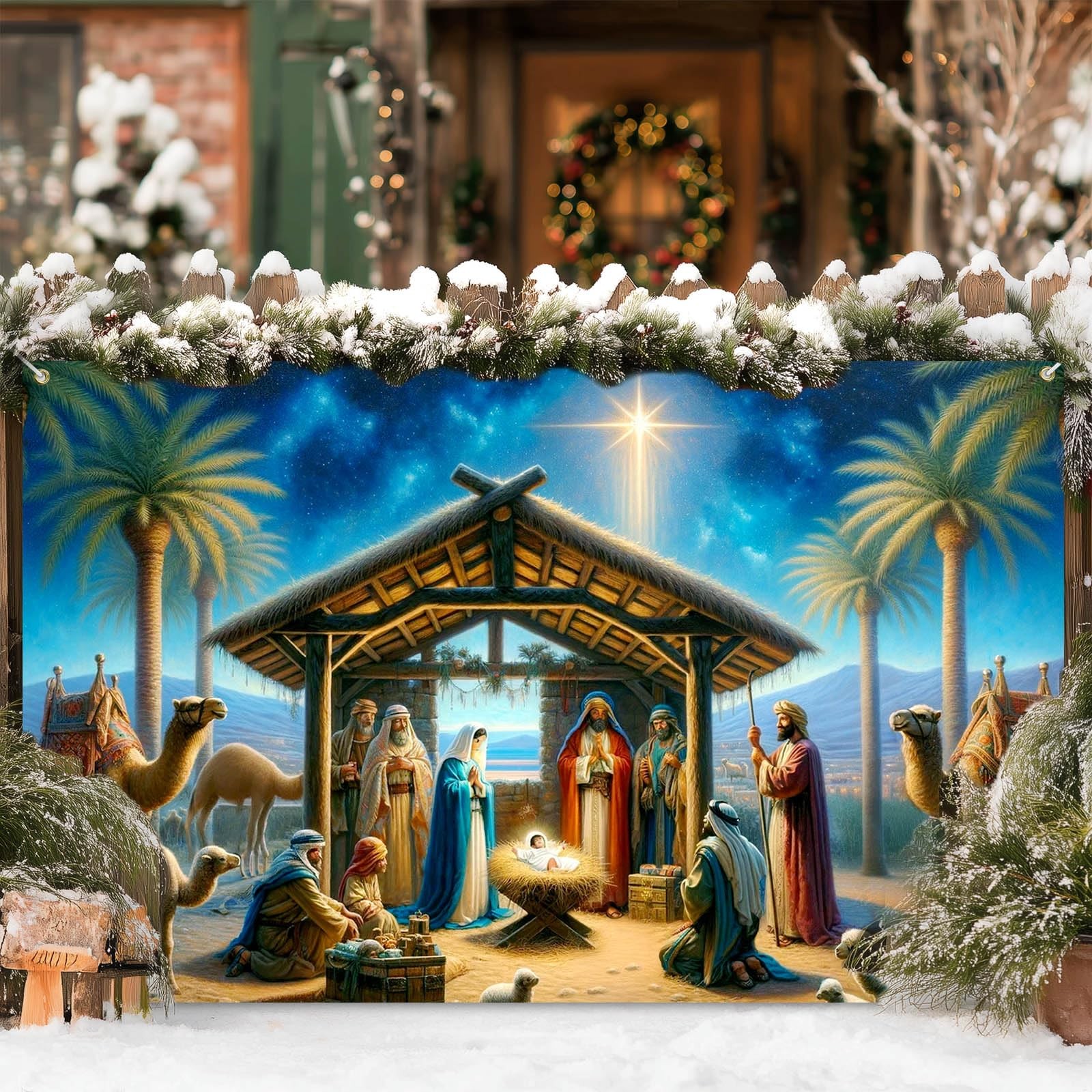 Nativity Scene Christmas Banner 71×43 Inch Holy Night Jesus Birth Backdrop wi…