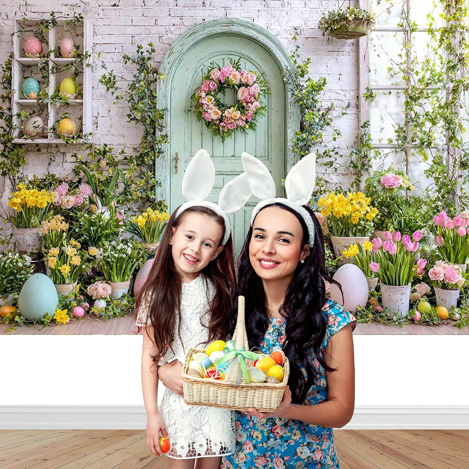 Spring Easter Backdrop 7X5Ft – Green Wooden Wall Floral Photography