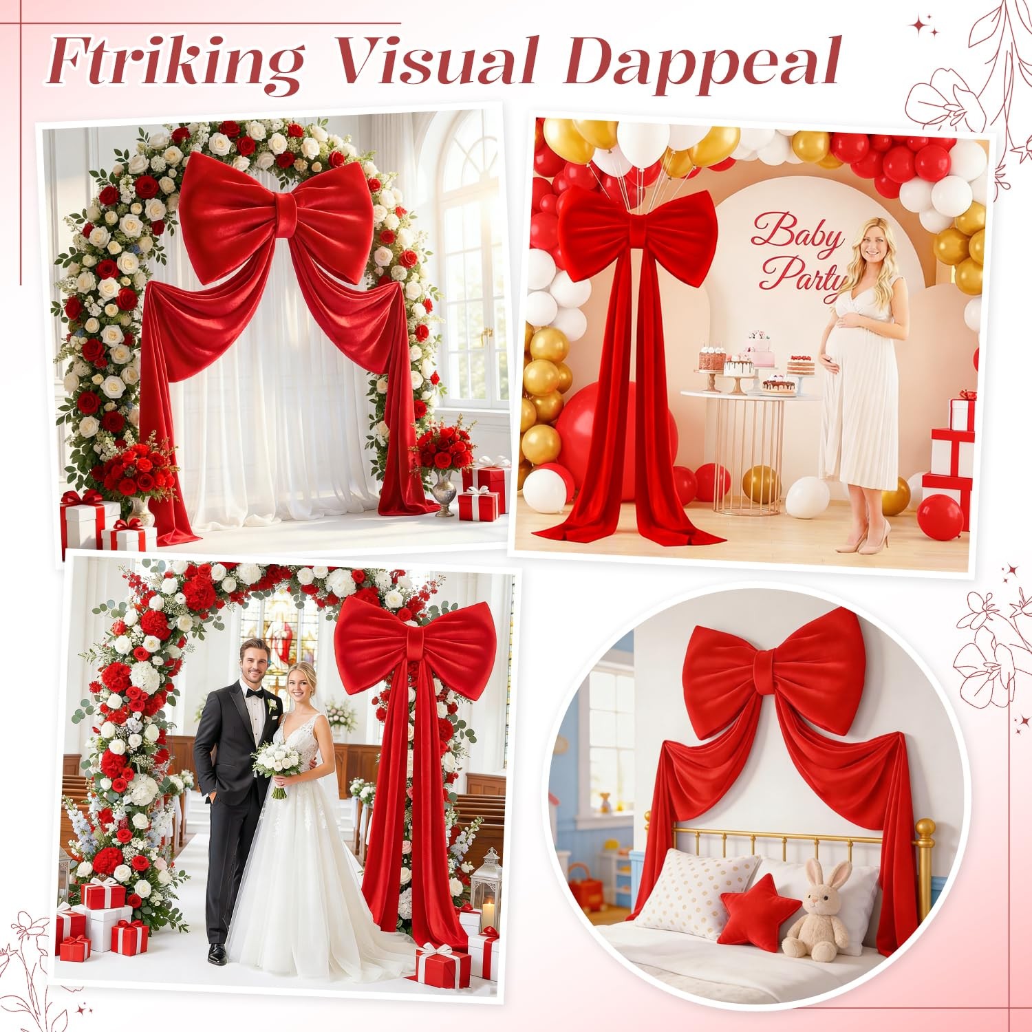 Giant Red Bow Decoration Long Ribbon 75×23 Inch Velvet Large Backdrop Decor