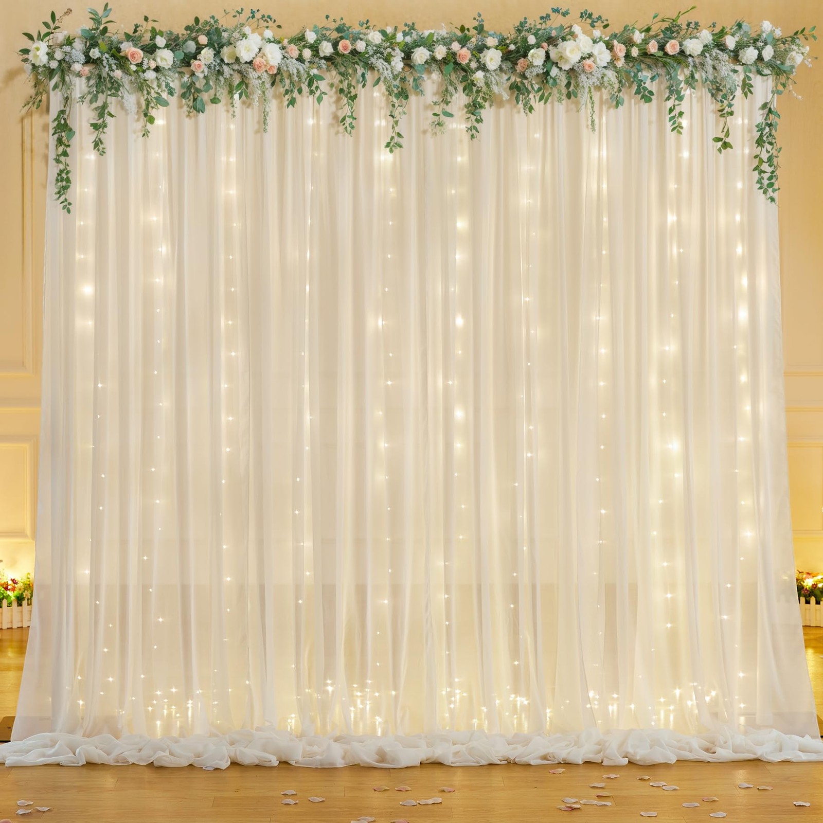10x7FT Ivory Chiffon Wrinkle Free Backdrop Curtain String Lights Wedding Photo