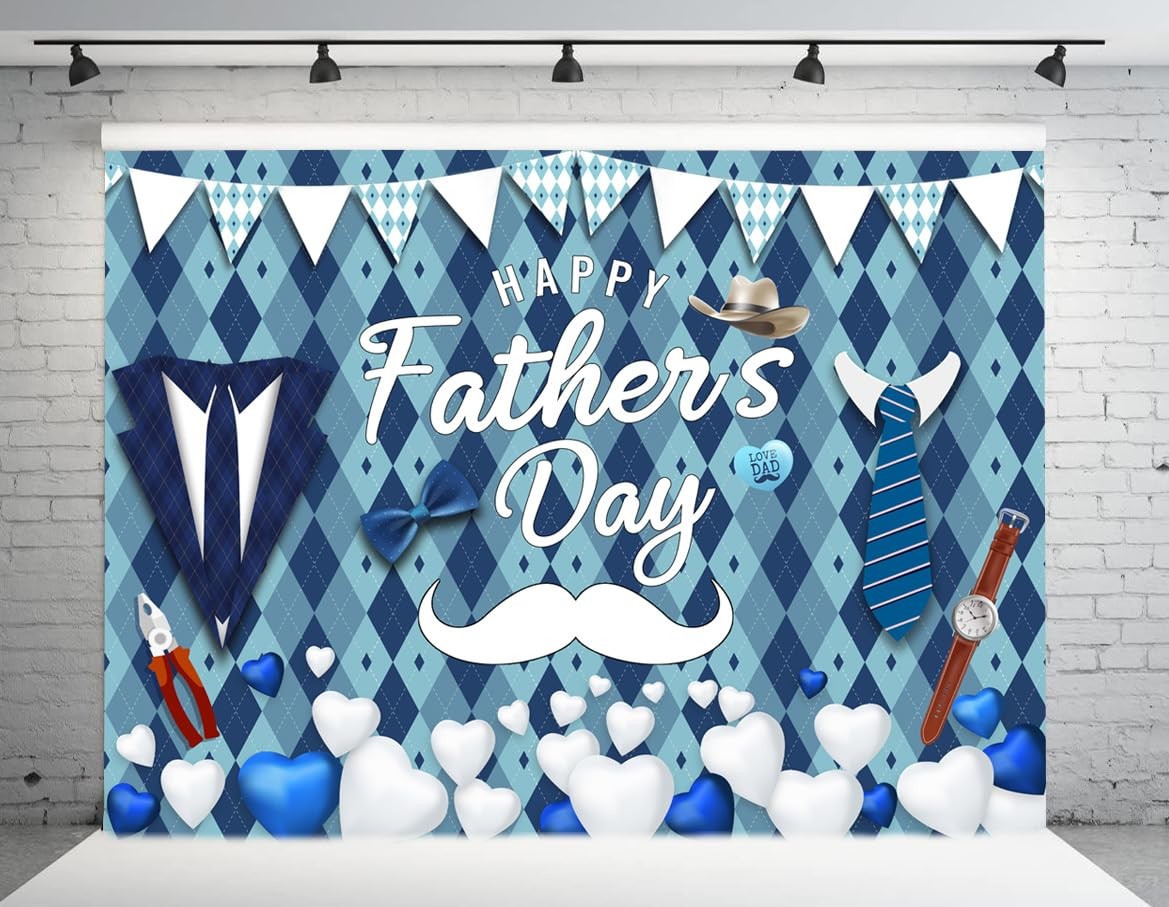 10X8FT Father’s Day Backdrop Blue Plaid Happy Father’s Day Photography Backgr…