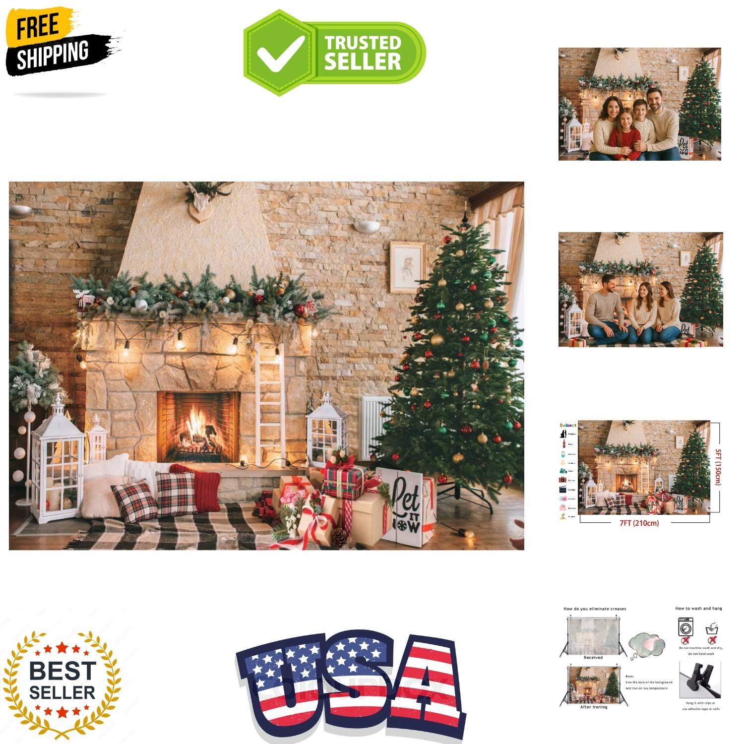7x5ft Christmas Fireplace Theme Backdrop Christmas Photography Backdrop Merry…
