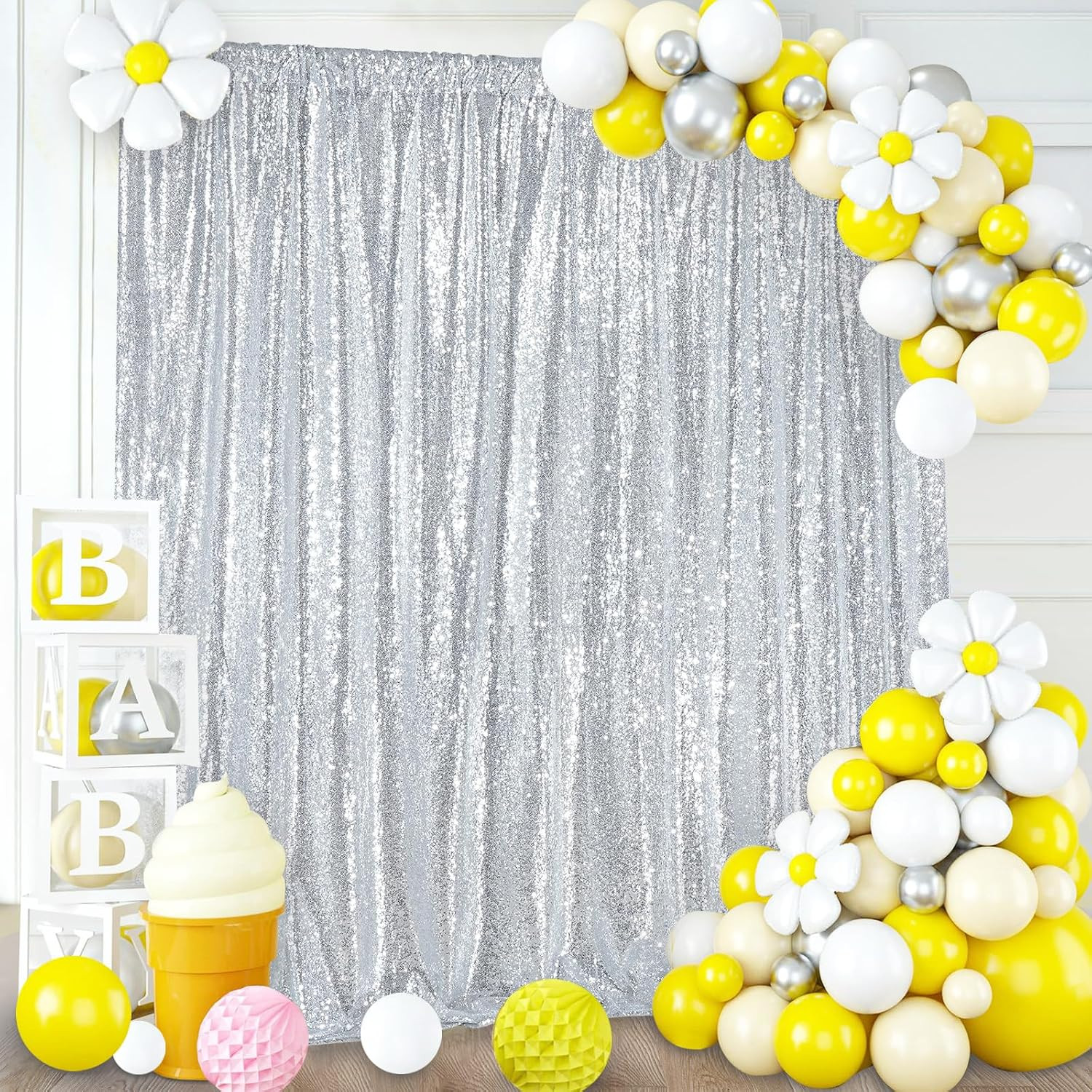 7Ft X 7Ft Silver Sequin Backdrop Curtain Glitter Photo Booth Backdrop for Weddin