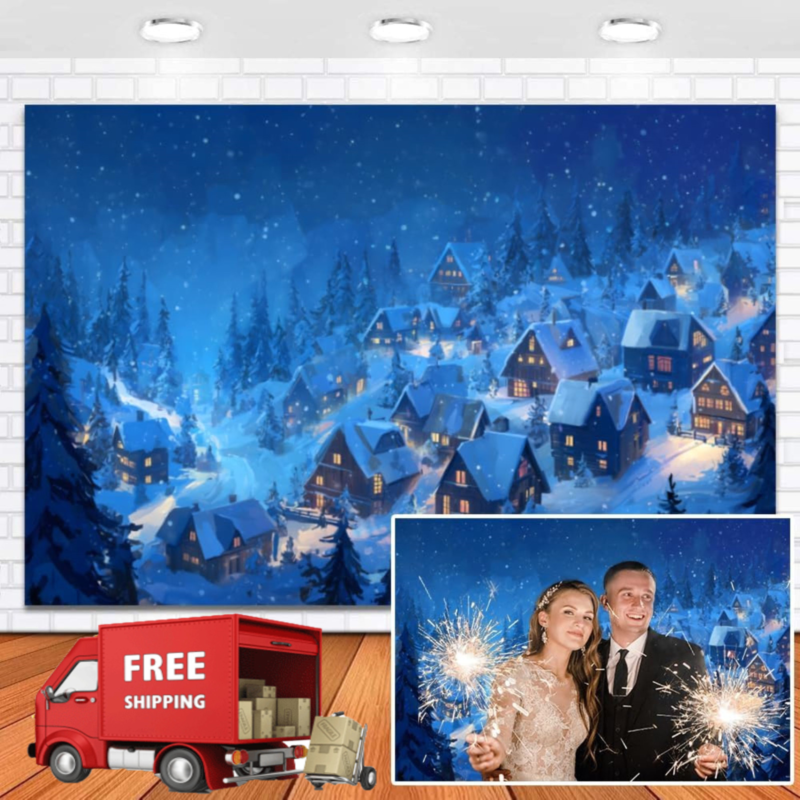 Christmas Village Backdrop 20x10ft Rustic Night View Forest Trees Snowing Lights