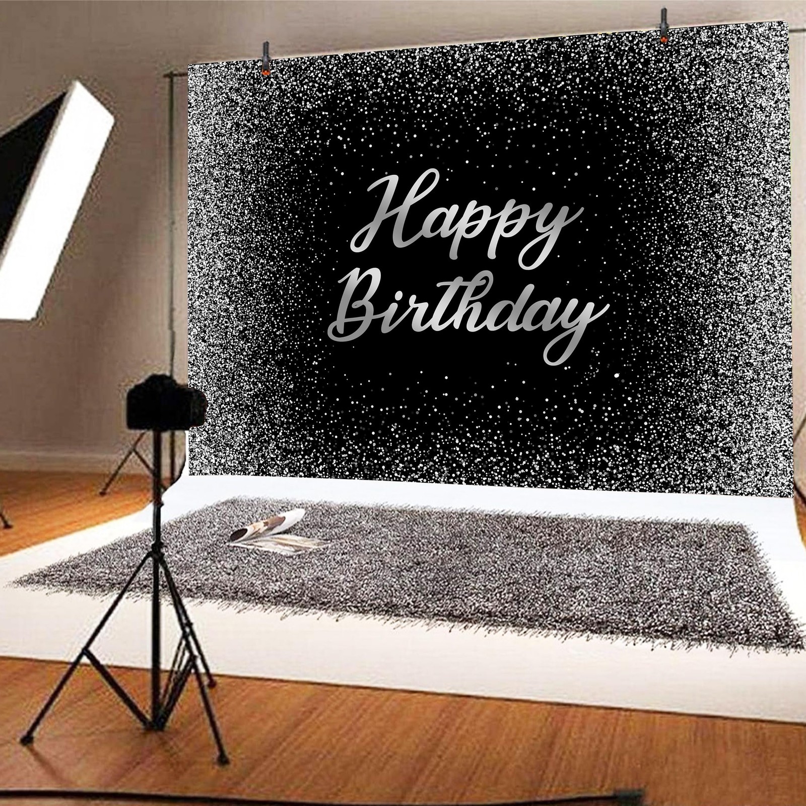 Happy Birthday Backdrops 12×8 FT Black and Silver Glitter Spots Happy Birthda…