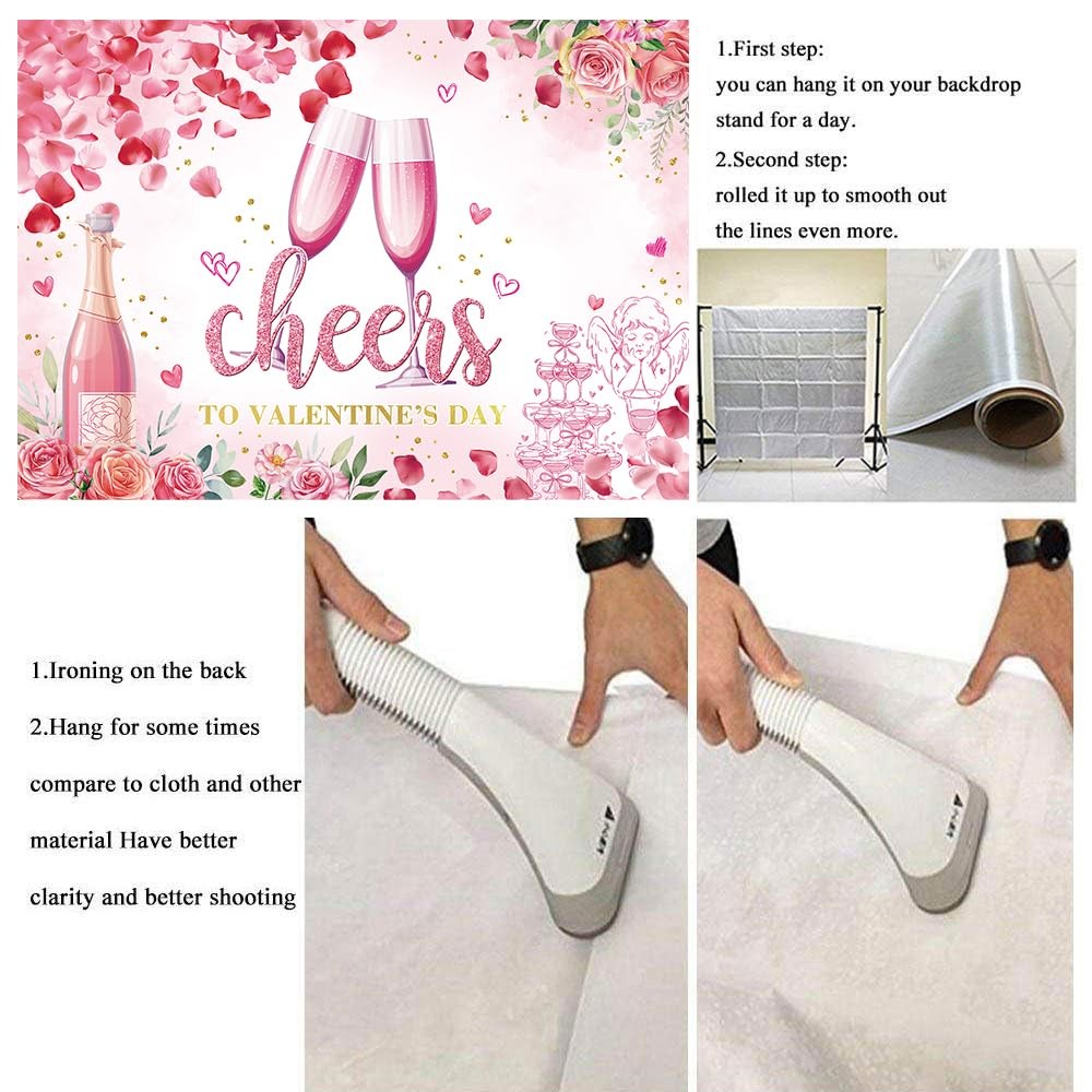 7x5FT 210x150cm Valentines Day Backdrop Pink Flower Love Heart Glitter Dots
