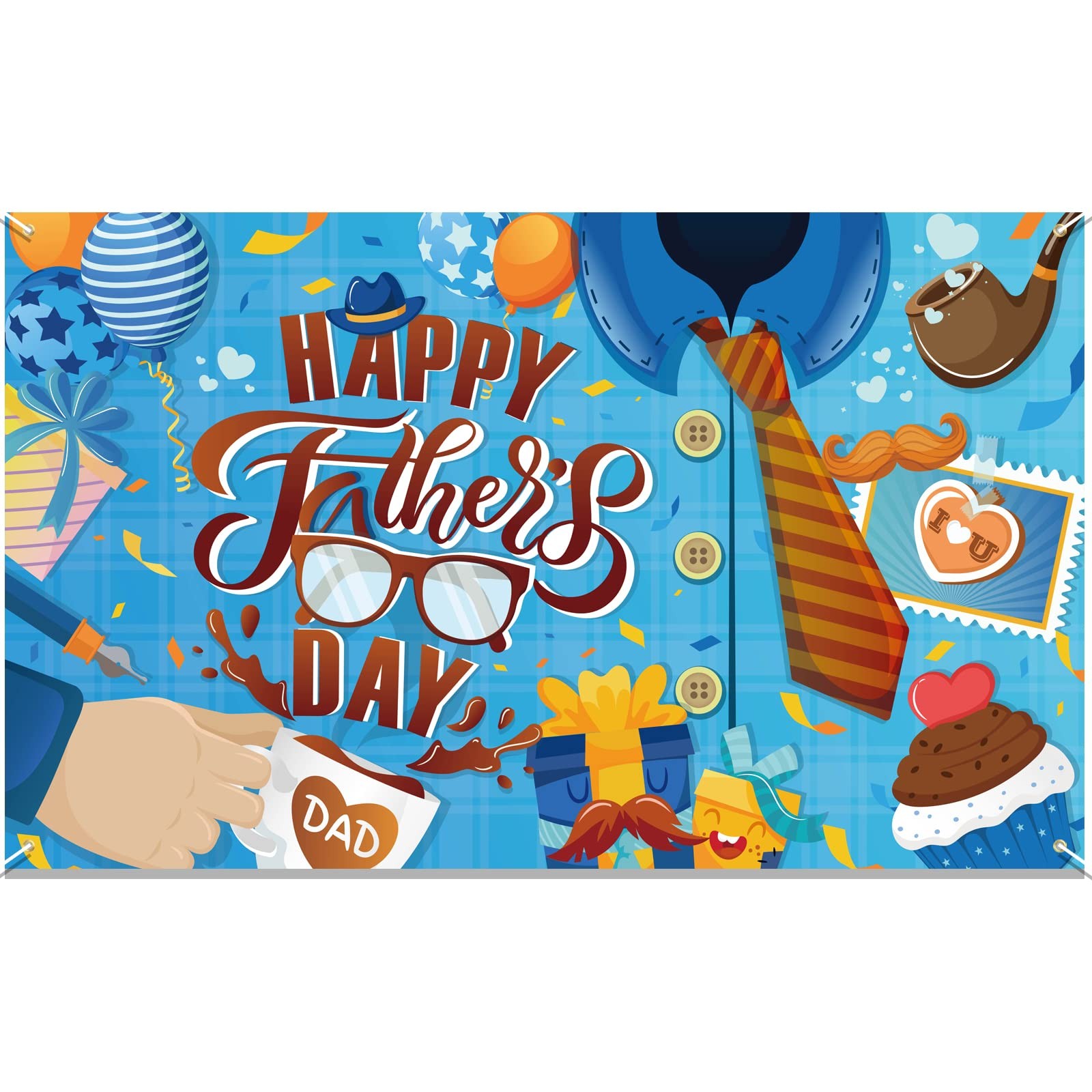 Happy Father’s Day Banner, Blue Fabric Backdrop with Brown Tie, Star Balloons, ‘