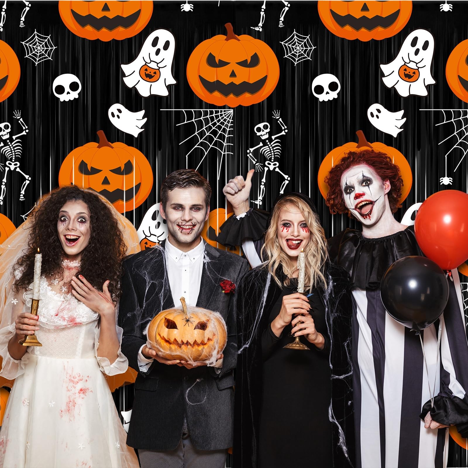 2 Pack Halloween Foil Fringe Curtains Black Orange Tinsel Photo Backdrop