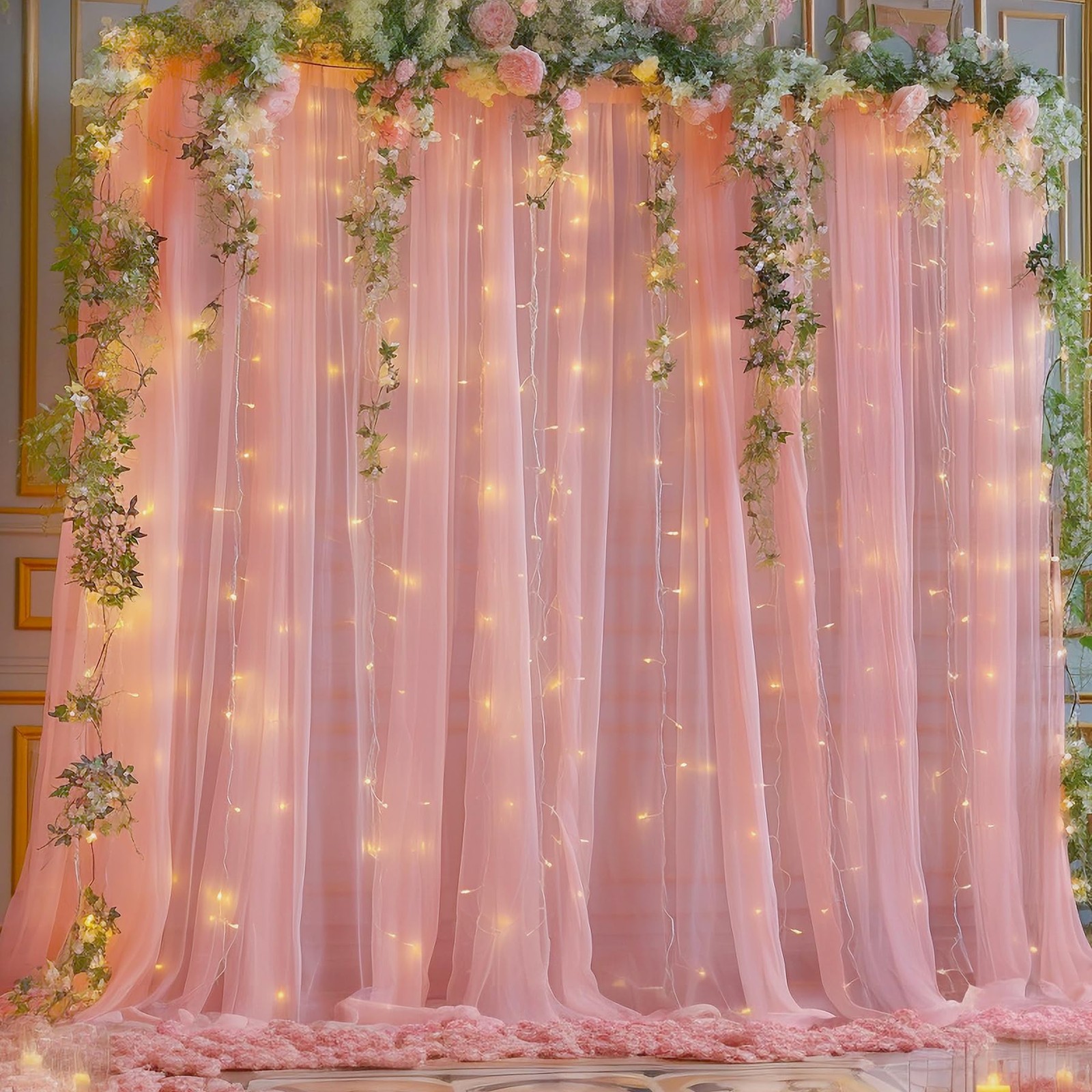 108FT Dusty Rose Tulle Sheer Backdrop Curtains String Lights Wedding Photo