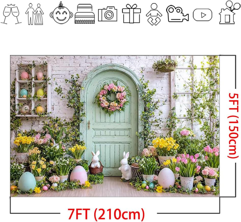 Spring Easter Backdrop 7X5Ft – Green Wooden Wall Floral Photography