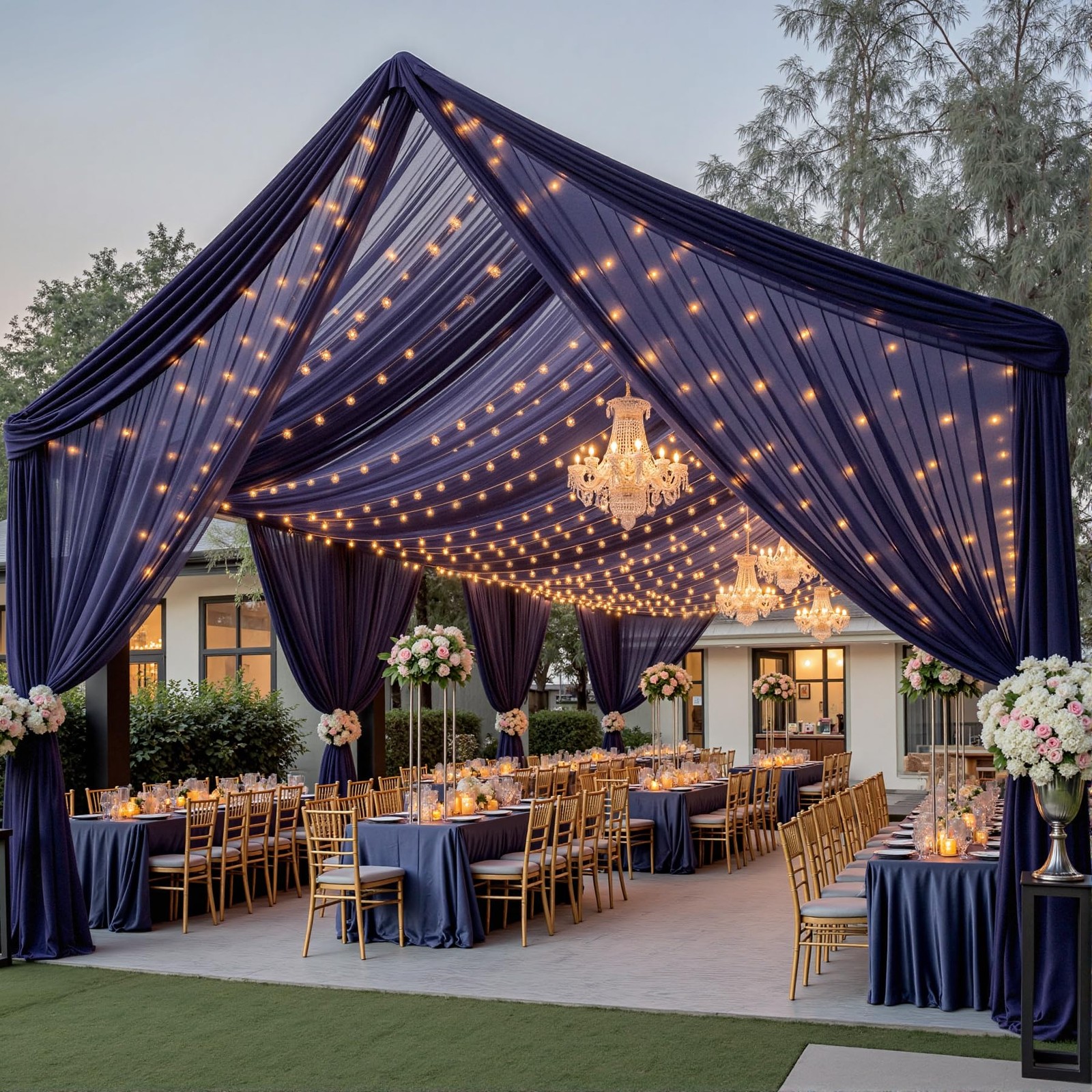 Navy Blue 60″W x 360″L (Pack of 6), Ceiling Drapes + Lights String