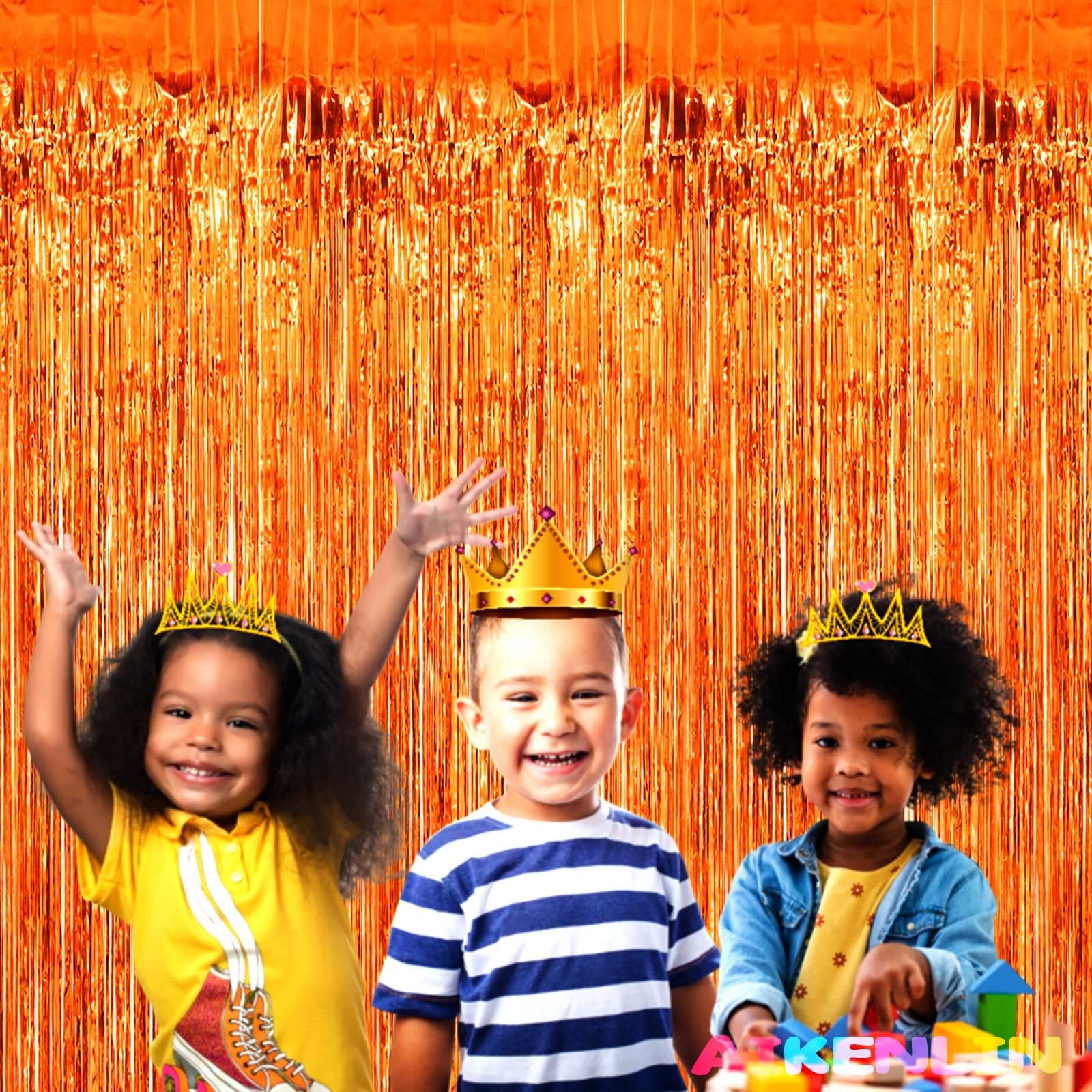 Orange Metallic Foil Fringe Curtain Backdrop Streamers 3.2×9.8 Ft 4 Pack
