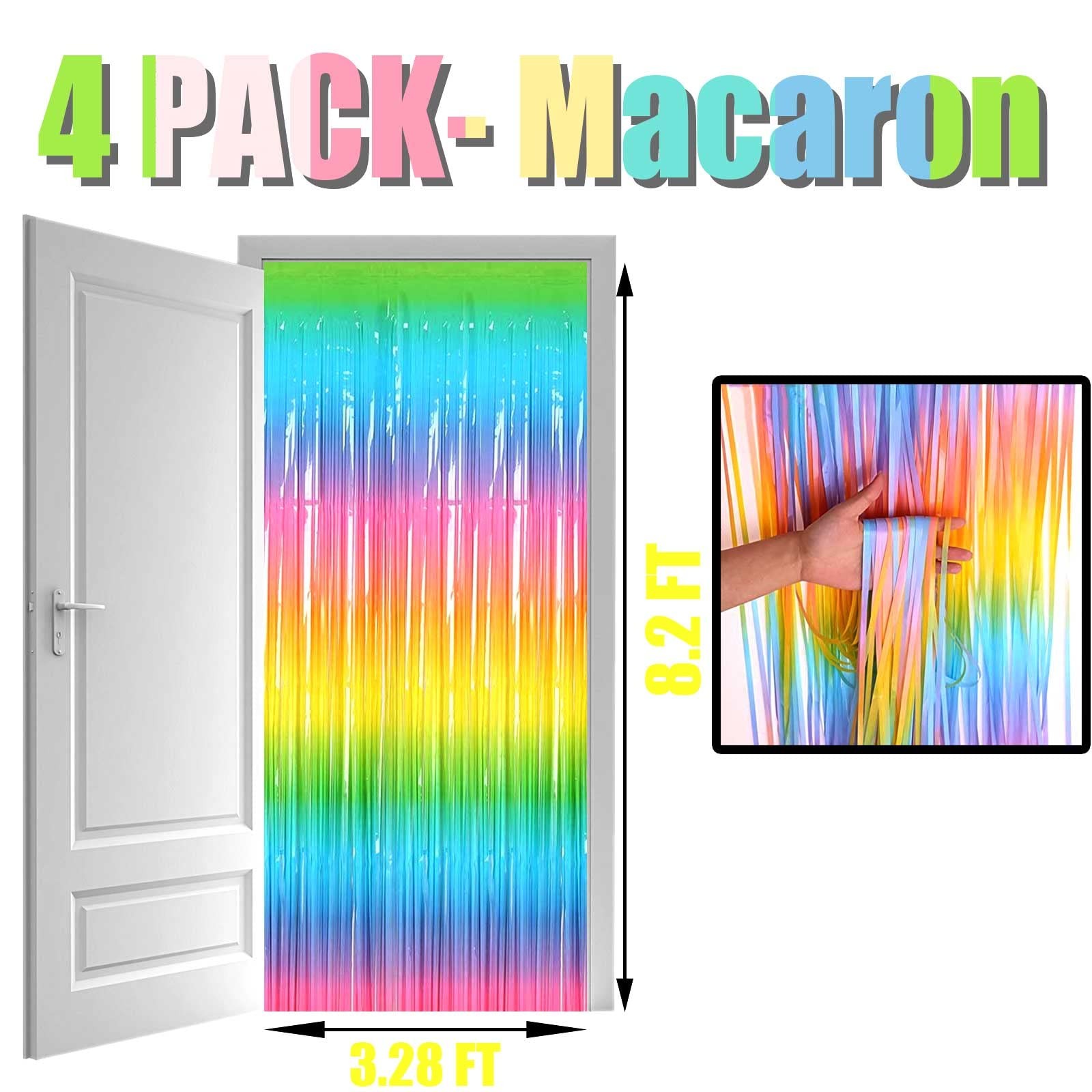 4 Pack Foil Fringe Curtain Backdrop, Metallic Tinsel, Macaron Rainbow, Decor