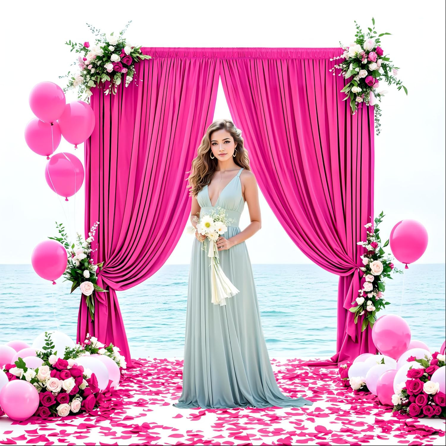 40 Ft X 10 Ft Wrinkle Free Fuchsia Backdrop Curtain for Parties, 8Panels Polyest